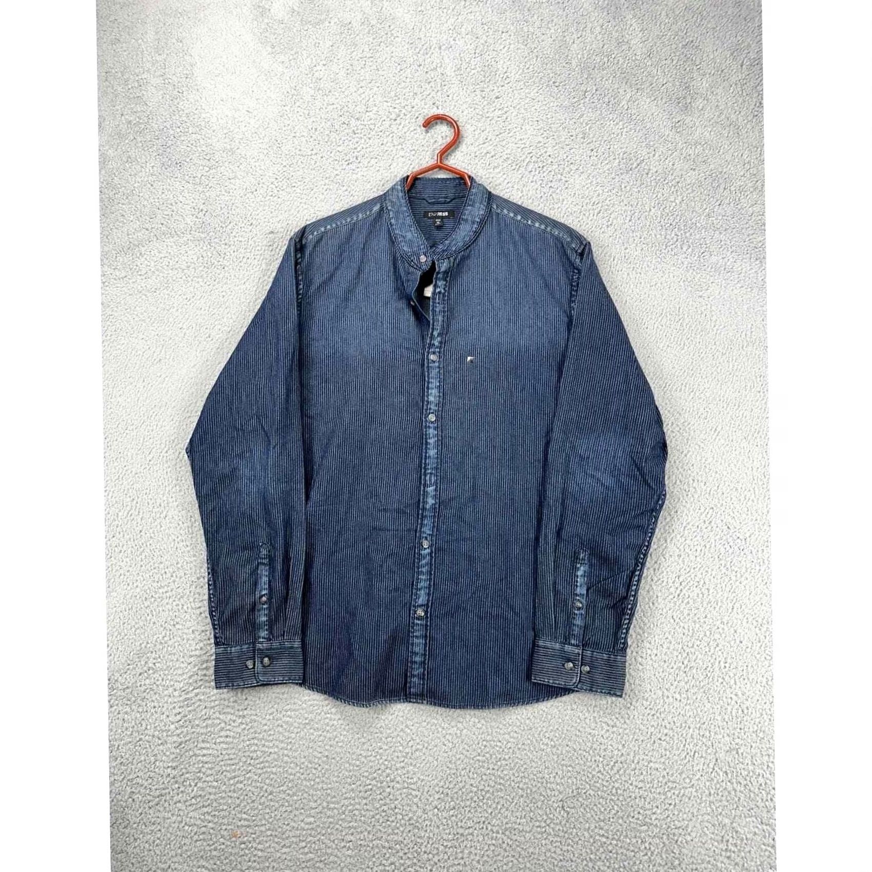Express Express Shirt Mens XL 17-17.5 Blue Pencil Stripe Button-Down Long Sleeve Dress Shirt Size 46R - 5 Thumbnail