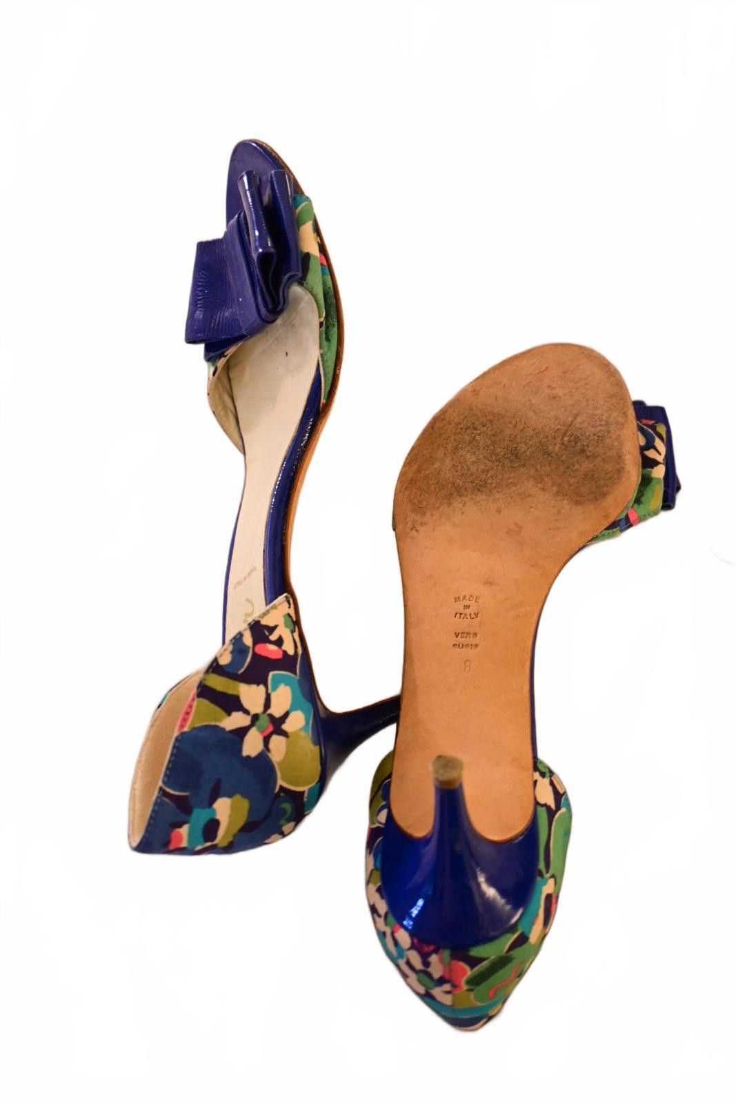 Other Butter Floral Print Open Toe Heel Sandals Blue Bow Accent 8 Size US 8 / IT 38 - 8 Thumbnail