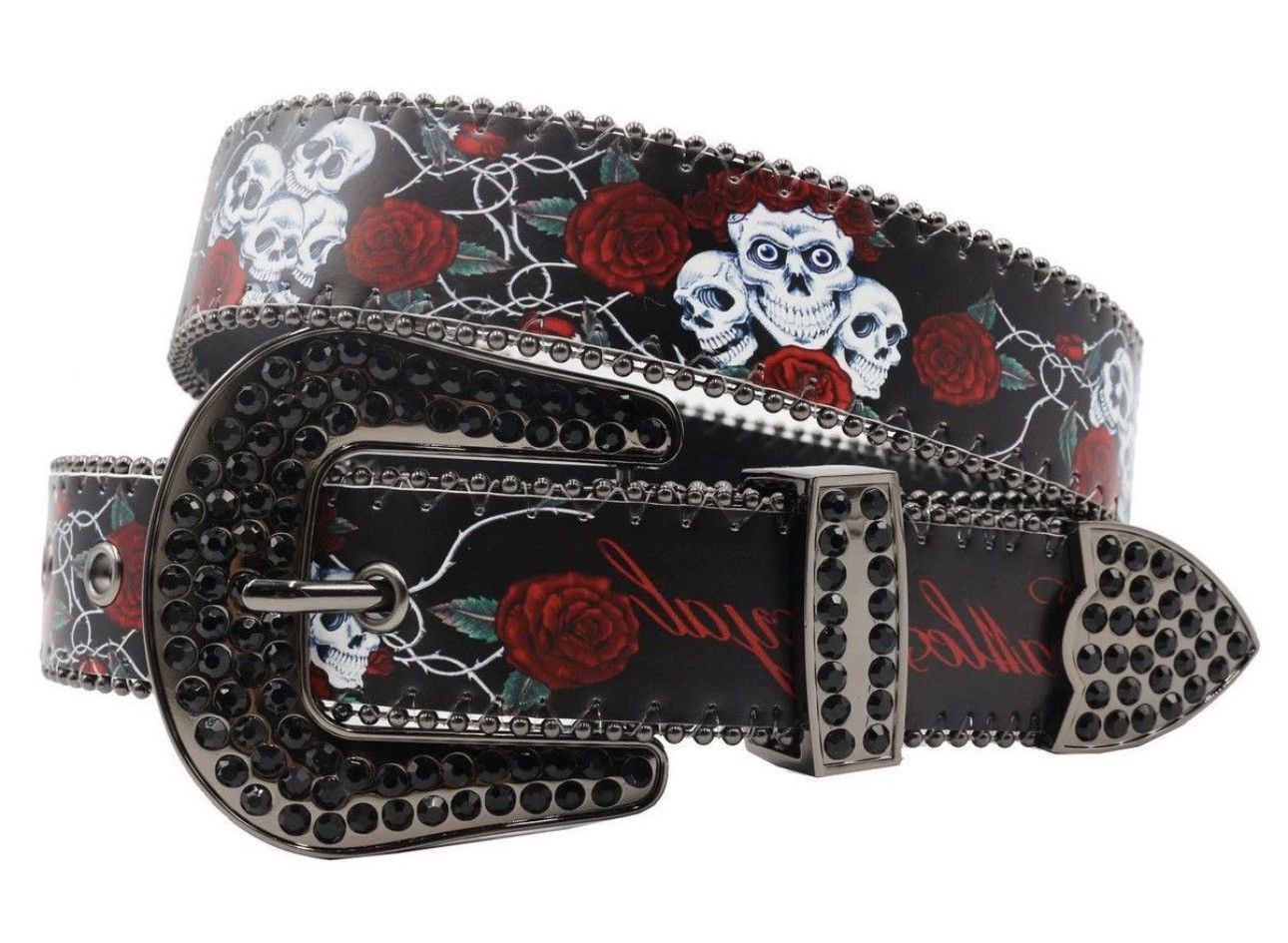 Retro skull skeleton roses western rhinestone studded belt