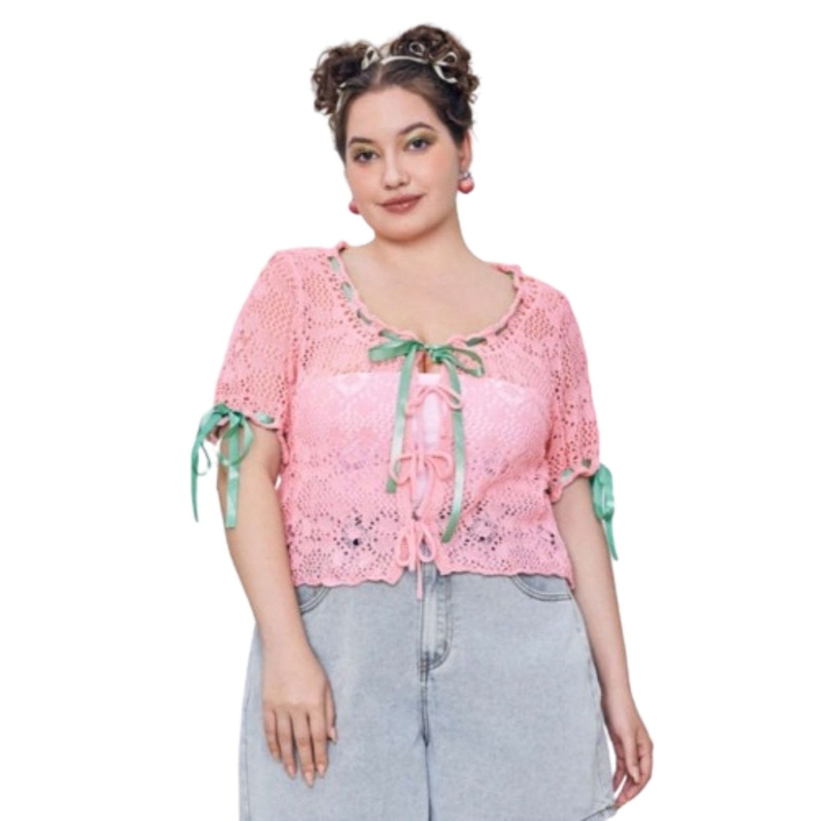 Cider ADORABLE ☆ RIBBONS & CROCHET ☆ PINK & GREEN CARDI ☆ 4xl NWT Size 4XL / US 24-26 - 3 Thumbnail