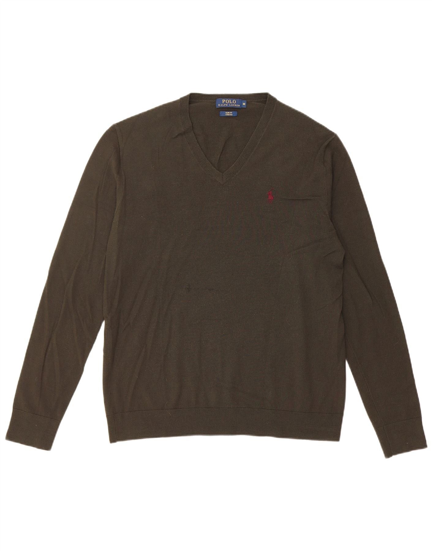 Polo Ralph Lauren Mens Slim Fit V-Neck Jumper Sweater Medium Khaki Wool Size US M / EU 48-50 / 2 - 1 Thumbnail