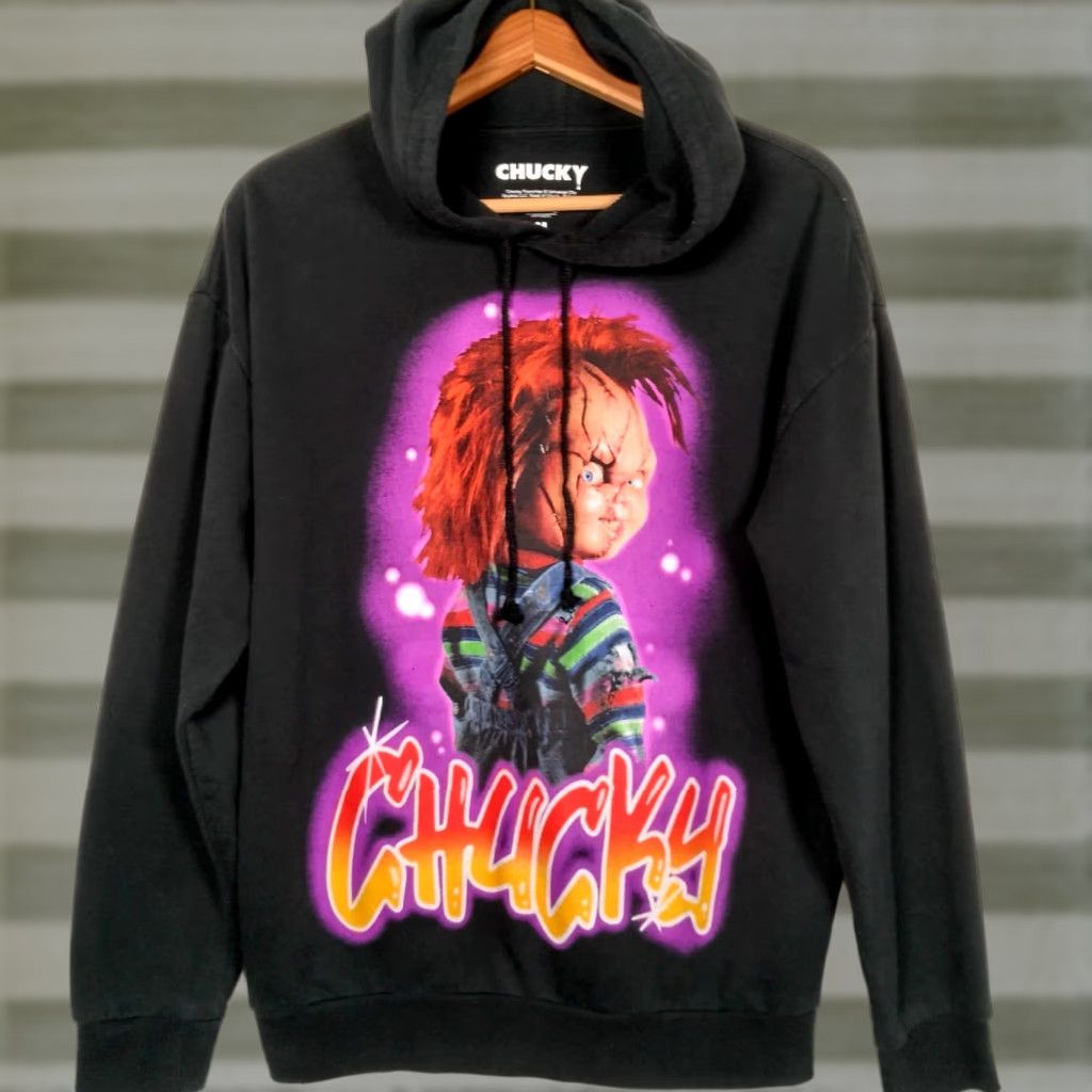 Vintage Chucky Doll Hoodie Men's Medium Black Pullover Hoodie Halloween Horror Graphic Knit Cotton Blend Size US M / EU 48-50 / 2 - 1 Thumbnail
