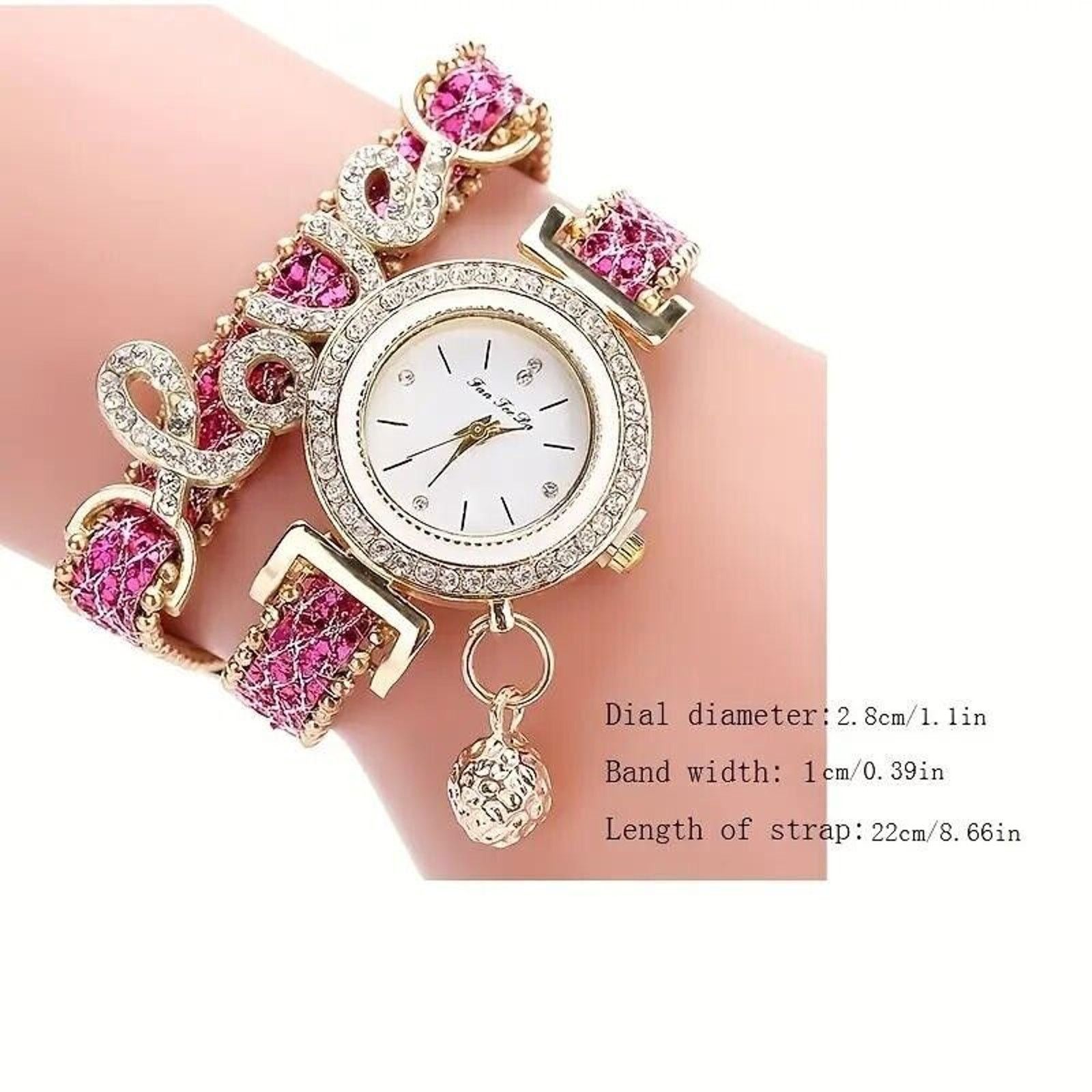 The Unbranded Brand Rhinestone Bracelet Bangle Watch ‘Love’ Quartz Analog Pink Size ONE SIZE - 3 Thumbnail