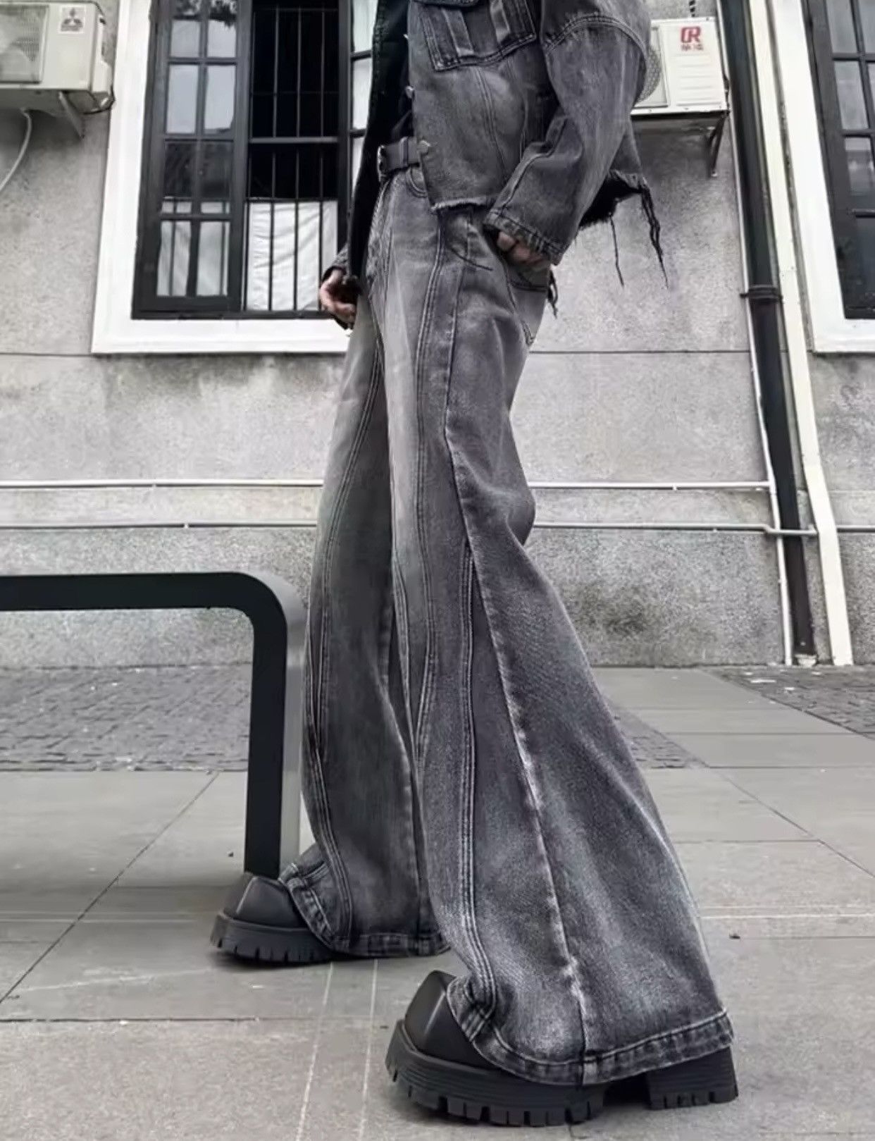 Denime × Vintage Y2K Streetwear Washed Grey Baggy Stacked Flare Jeans Size US 28 / EU 44 - 4 Thumbnail
