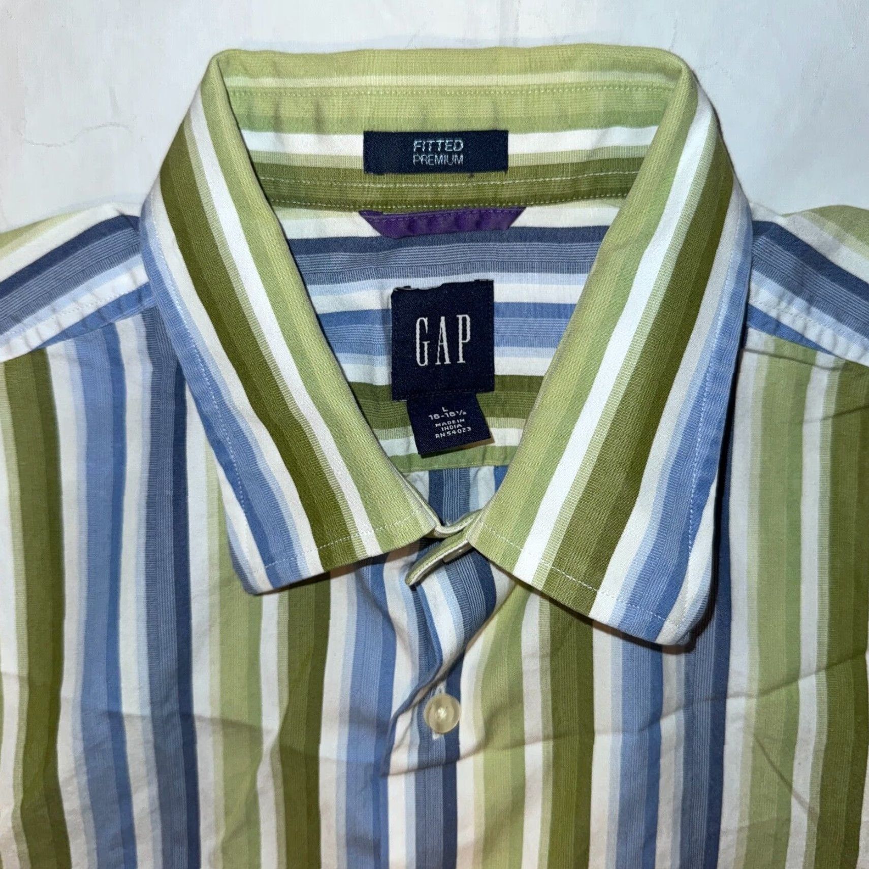 Gap GAP Button-Up Shirt Green & Blue Striped Long Sleeve L Men Regular Collared Knit Cotton Logo Embroidered Vintage No Size 42R - 2 Thumbnail