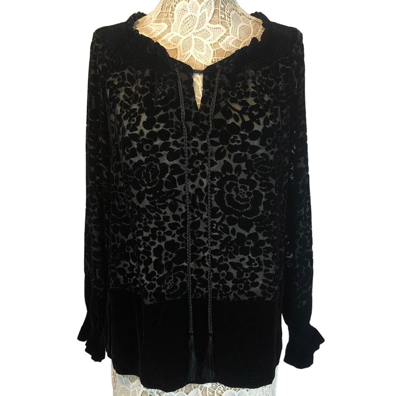 NWT Go Silk velvet floral sheer tasseled top ruffled collar