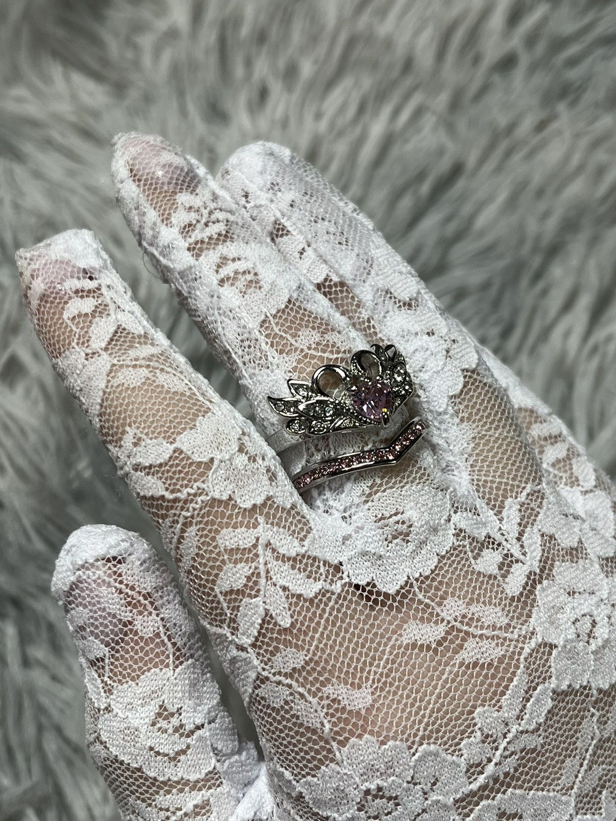 Jewelry Romantic Swan Crown Ring Set – Silver & Pink Gemstones Size ONE SIZE - 1 Thumbnail