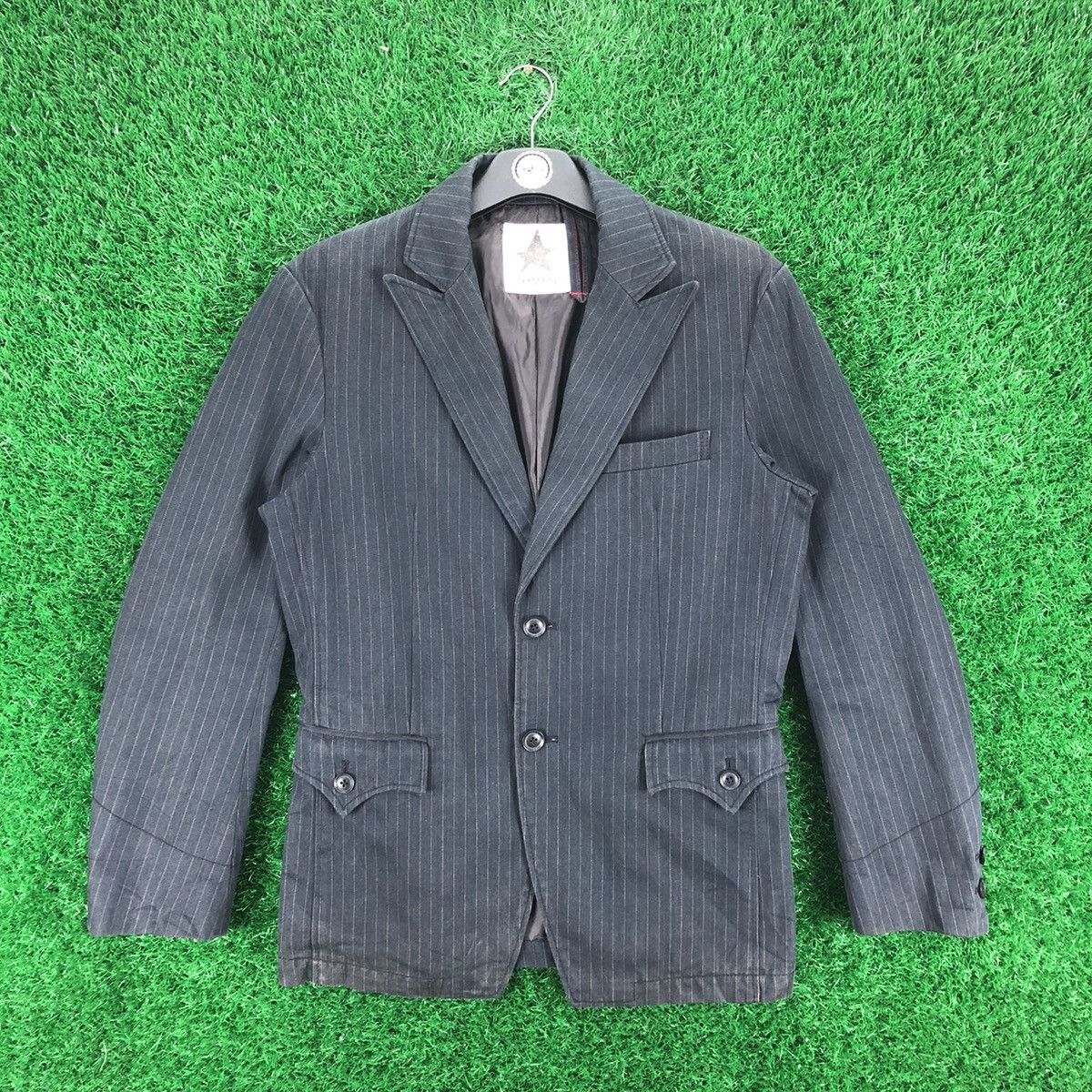 image of Denim Jacket x Levis Black Label Coat Jacket Denim Stripe M Flap Pocket in Blue Stripe (Size Small)