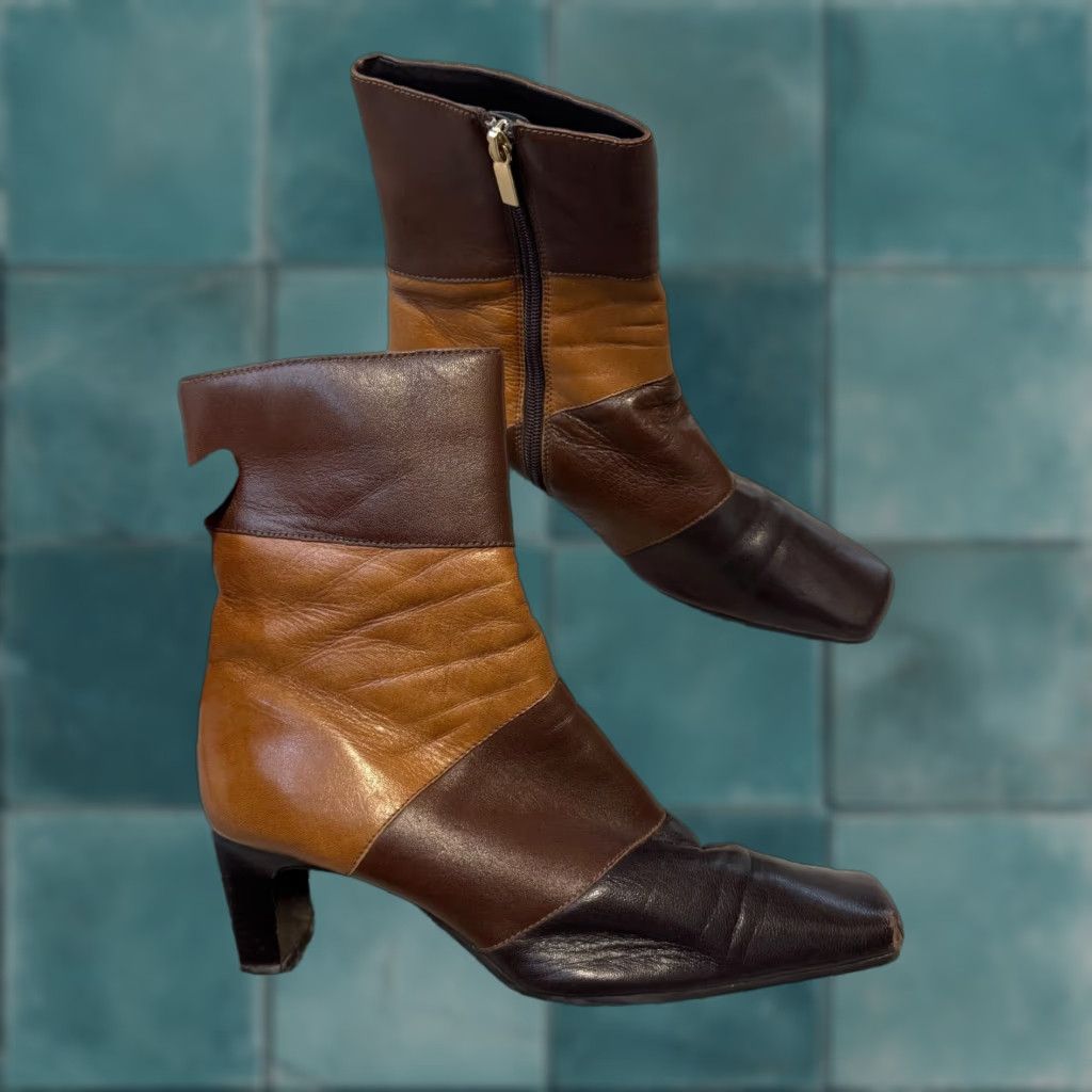 Vintage Y2K Vintage Leather Square Toe Ankle Boots 8 Brown Patchwork 70s Block Heel Size US 8 / IT 38 - 1 Thumbnail