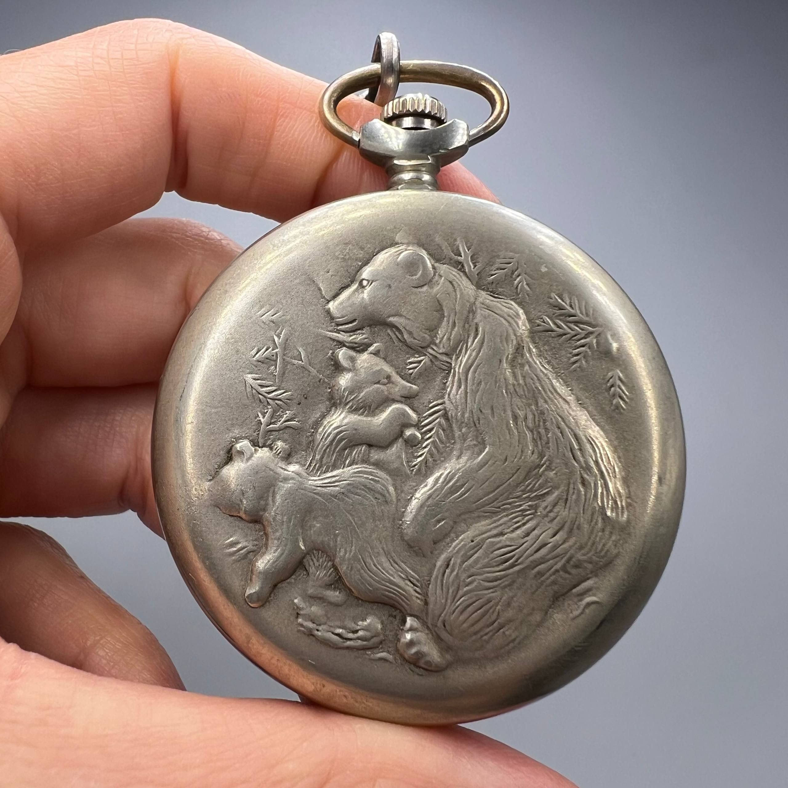 Molnija USSR Pocket Watch Bears Design Vintage Soviet