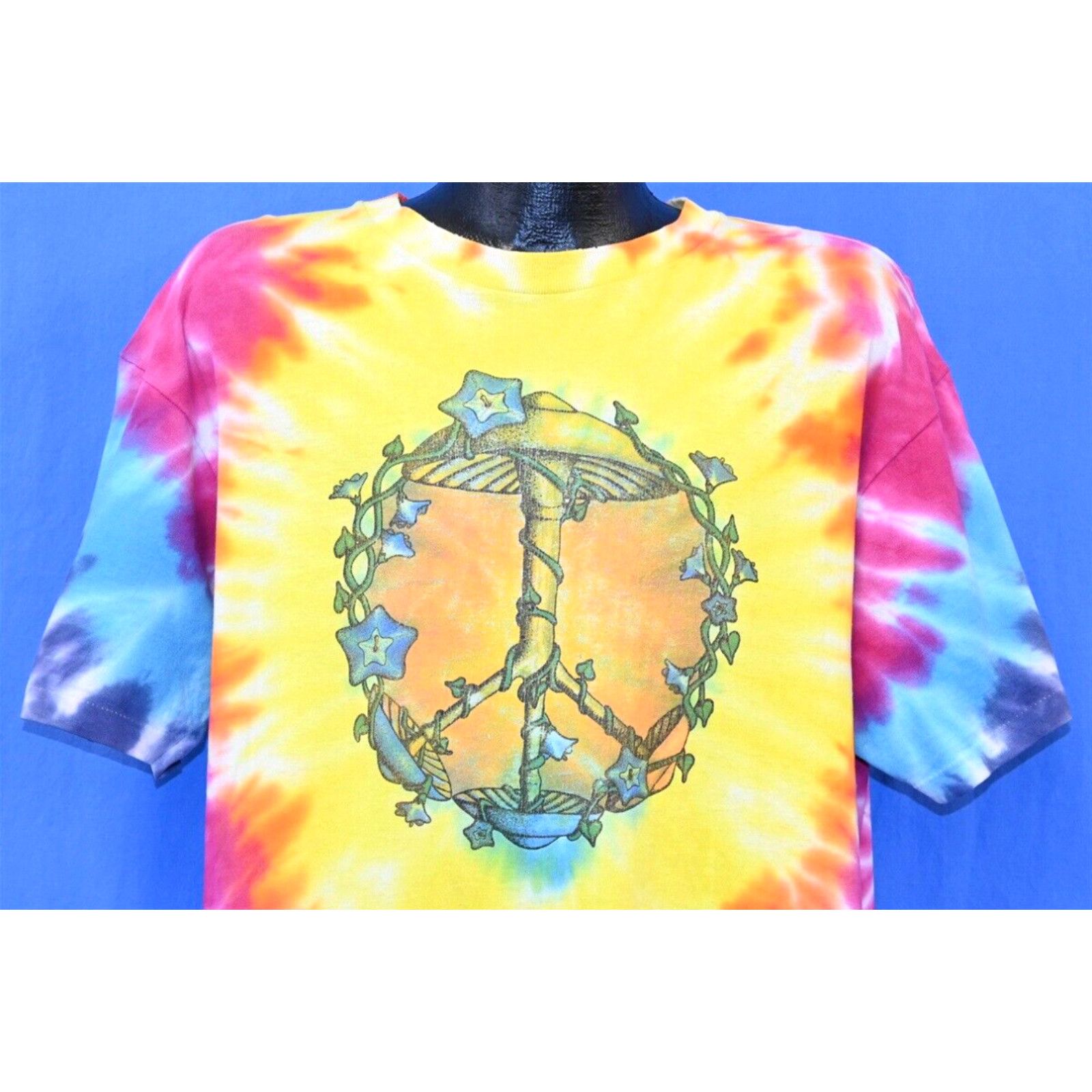 image of Vintage 90's Tie Dye Peace Sign Mushroom Flowers Hippie Rainbow T-Shirt XL in White, Men's
