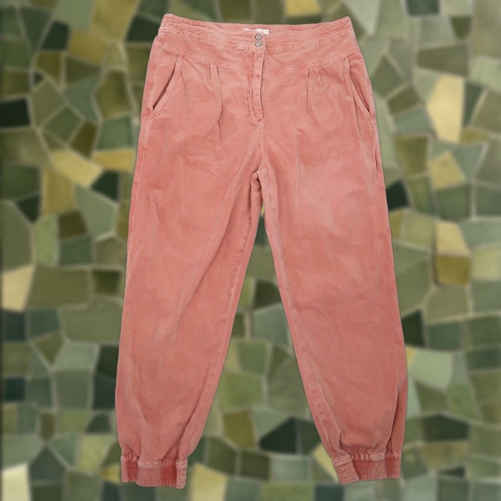 VINTAGE Anthropologie Kalea Salmon Pink Pleated Velvet Jogger Pants L