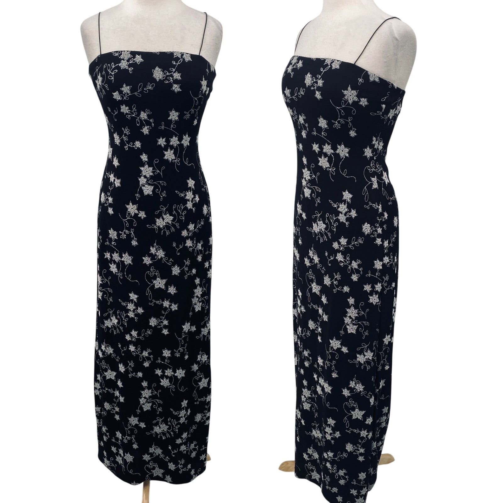 Vintage Vintage 90s Y2k Sparkle Bead Floral Column Gown Black Silver Size S / US 4 / IT 40 - 1 Thumbnail