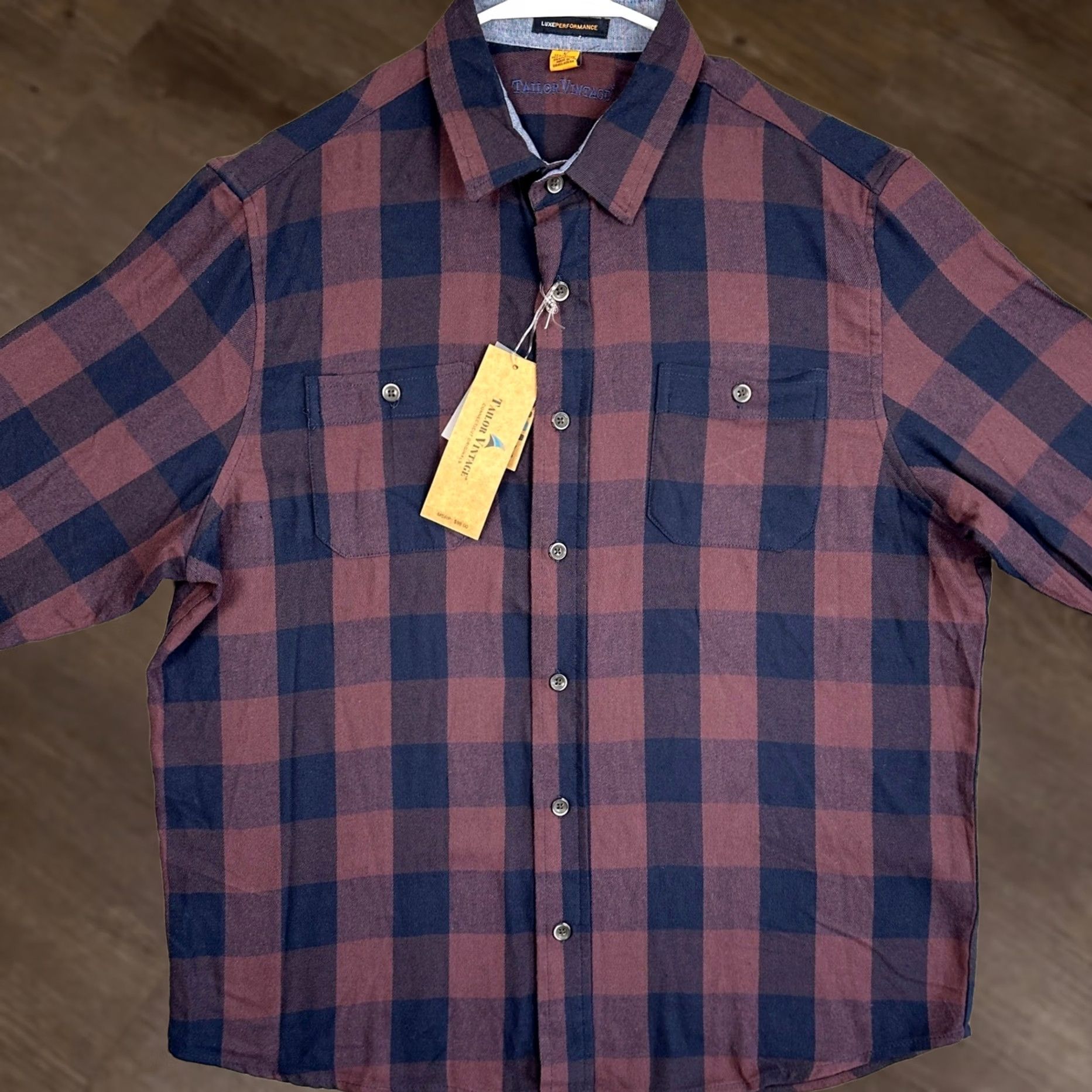 Vintage Tailor Vintage Luxe Performance Shirt Mens Large Burgundy Navy Buffalo Check Plaid Button-Up Long Sleeve Collared Fall Winter Spring Casual Workwear Size US L / EU 52-54 / 3 - 1 Thumbnail