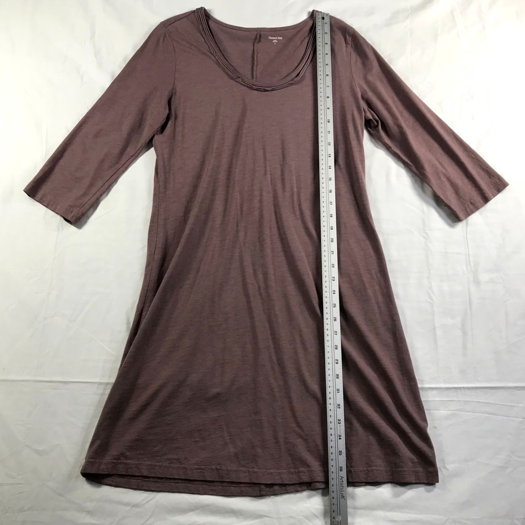 Vintage Garnet Hill Mauve Plum Cotton Modal Pleated Scoop Neck 3/4 Sleeve Shift Dress M Womens Size M / US 6-8 / IT 42-44 - 2 Thumbnail
