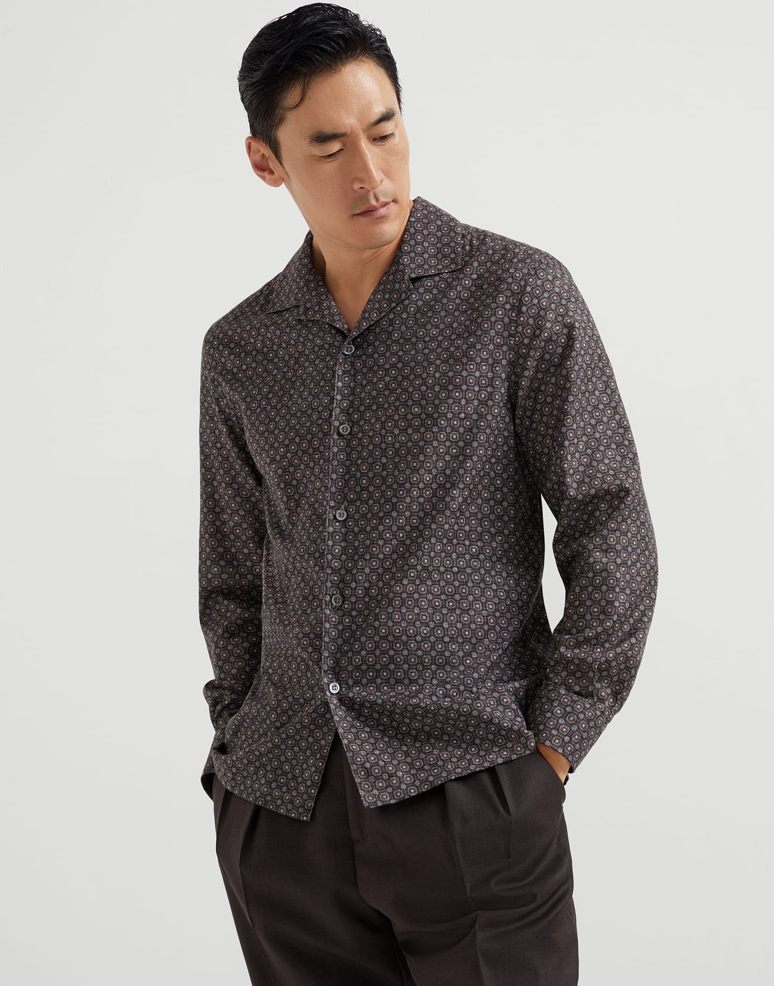 Brunello Cucinelli o1la1rc1a0326 Geometric Print Twill Easy Fit Shirt in Brown Size US L / EU 52-54 / 3 - 1 Thumbnail