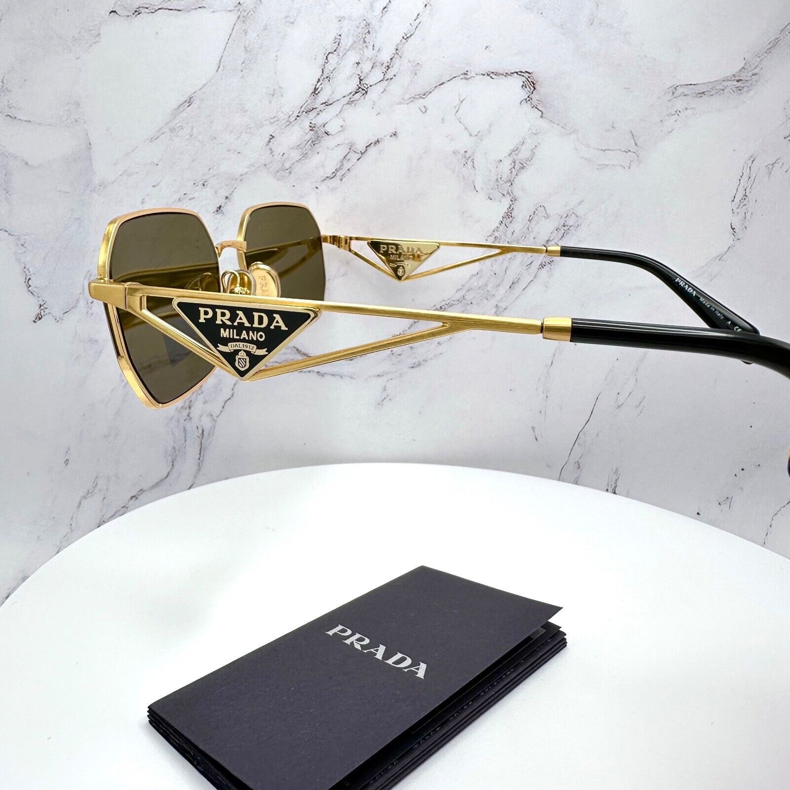 New Prada Sunglasses Gold Metal Black Plaque Triangle Logo