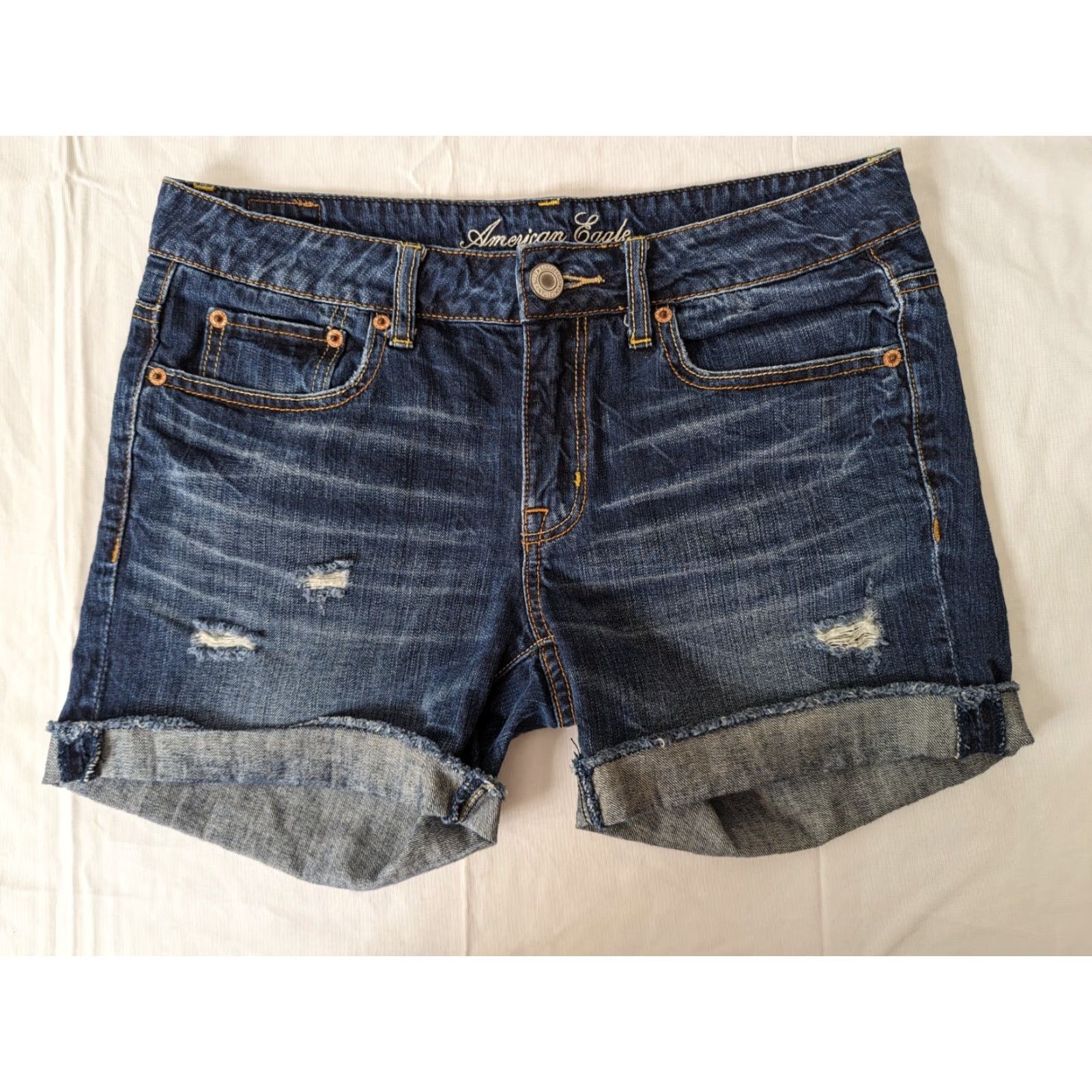American Eagle Outfitters VINTAGE America Eagle Denim Shorts Cuffed Super Dark Wash Distressed Size 4 Women Size 27" / US 4 / IT 40 - 2 Thumbnail