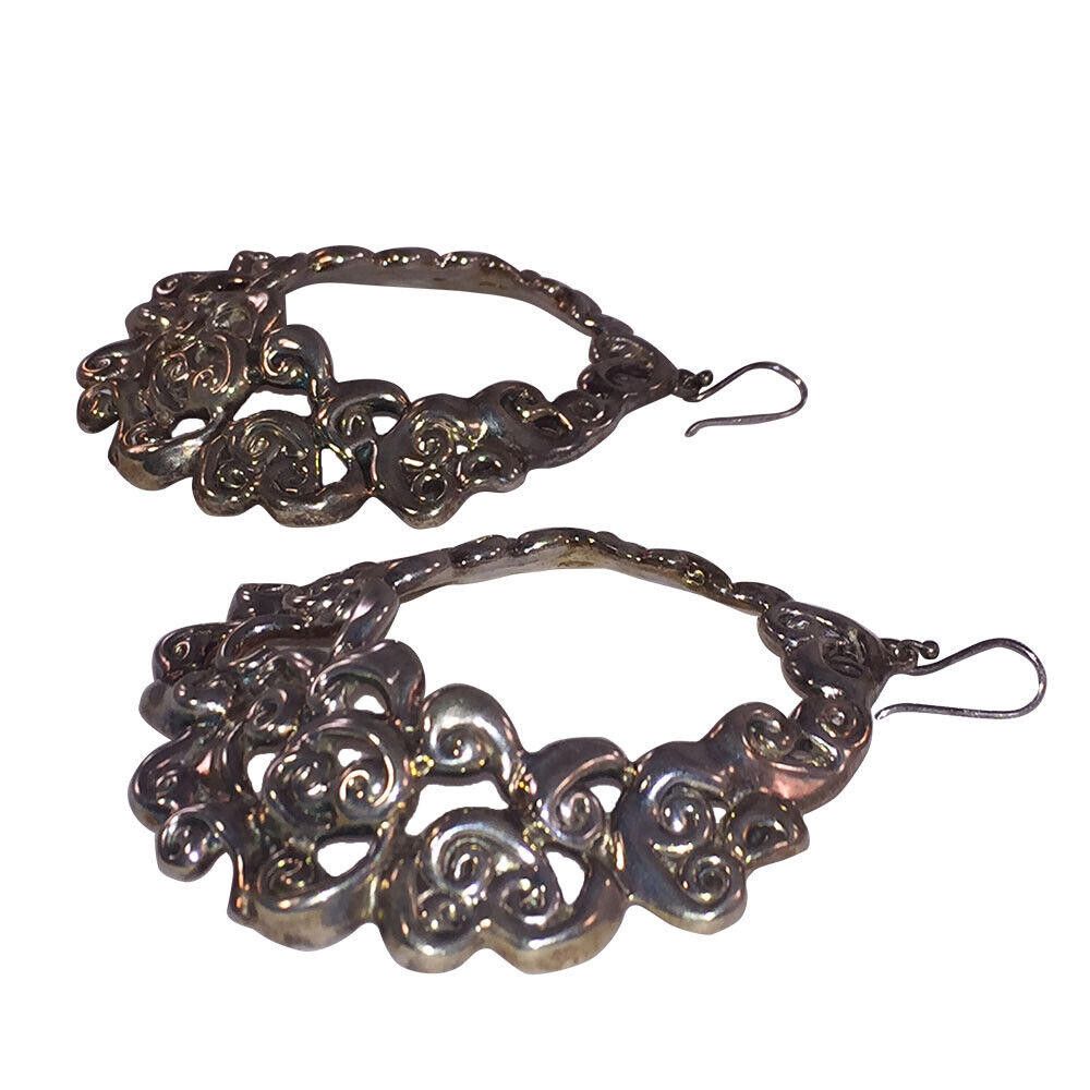 Sterling Silver Israeli Sterling Lost Wax Ornate Scrollwork Hoop Earrings Size ONE SIZE - 3 Thumbnail