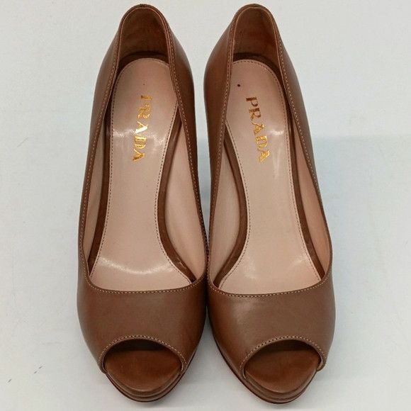 Prada Prada Women's Tan Leather Peep Toe Platform Heels - EU37/US7 Size US 7 / IT 37 - 4 Thumbnail