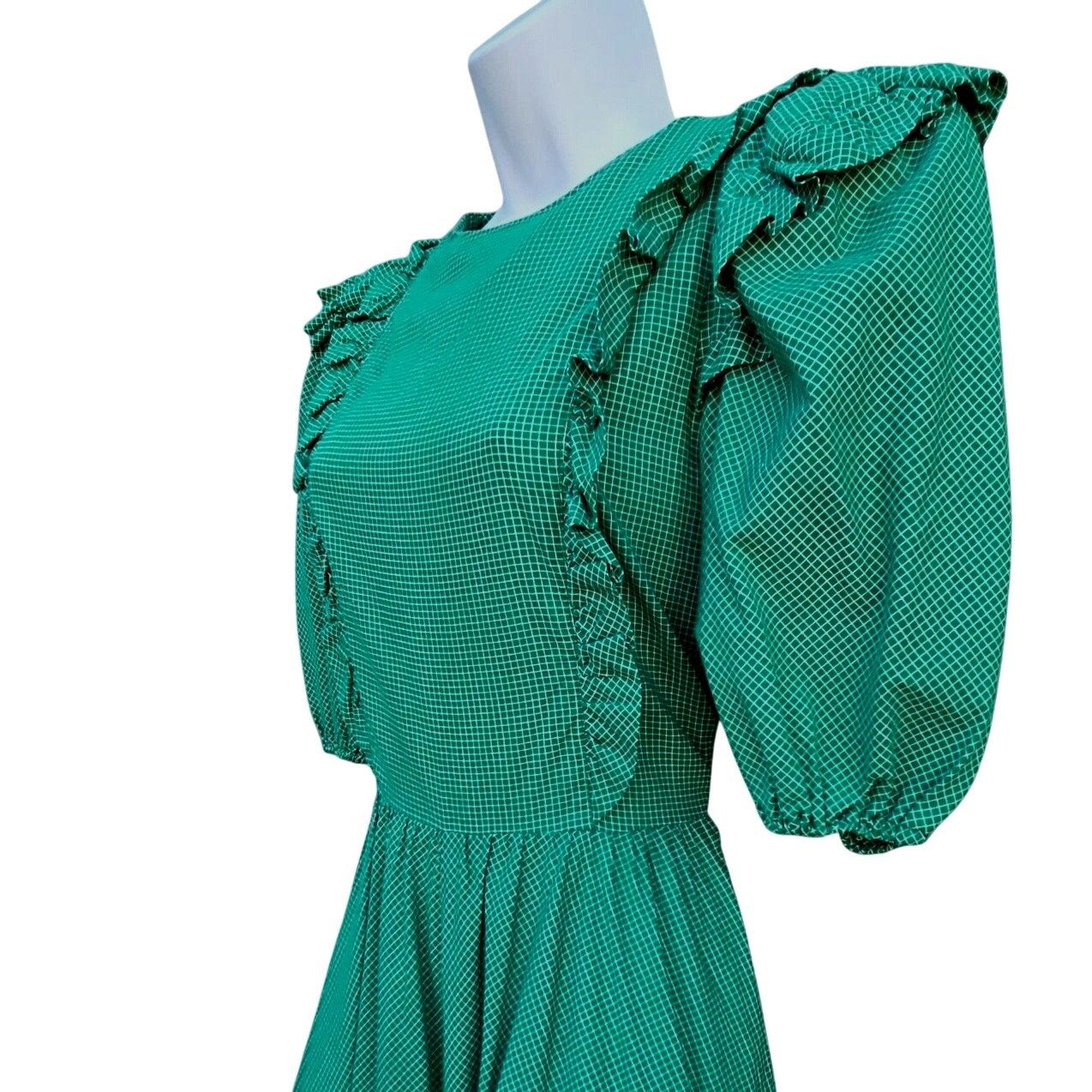 Vintage 1980s Belle France Kelly Green Prairie Dress Cotton Ruffle M Size S / US 4 / IT 40 - 2 Thumbnail