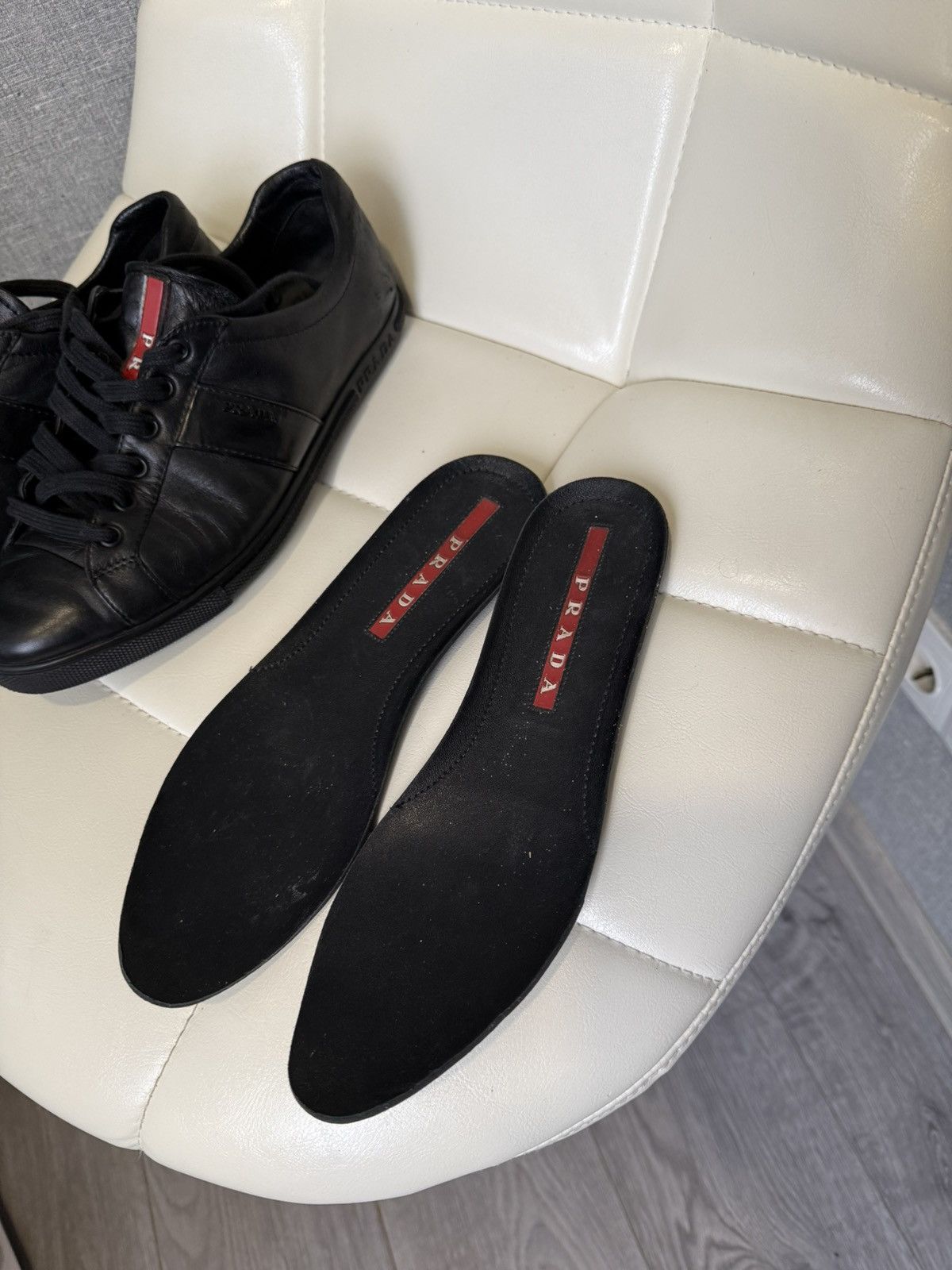 Prada Prada Black Leather Low-Top Sneakers with Red Stripe Logo Size US 7 / IT 37 - 21 Thumbnail