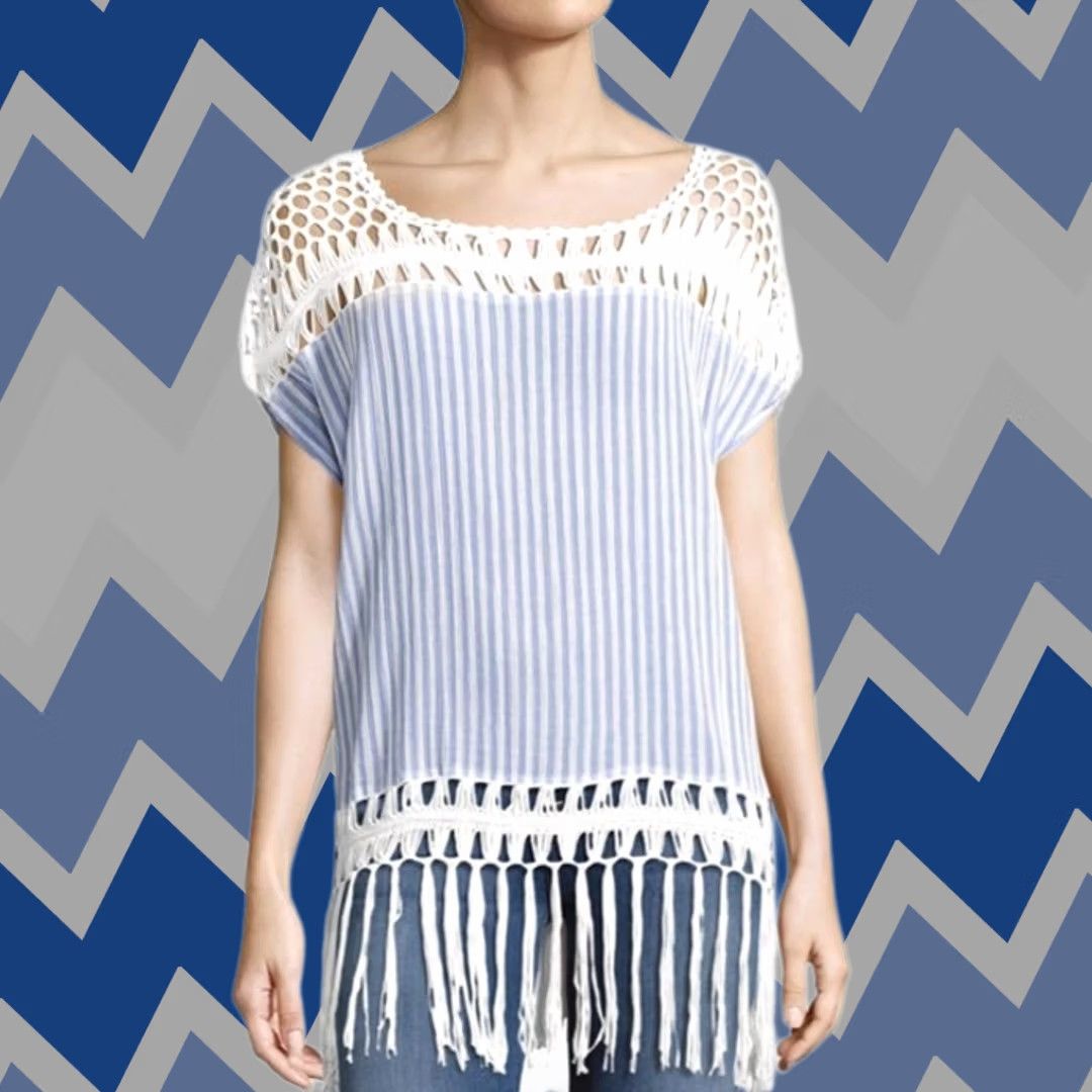 Steve Madden Steve Madden Crochet Cotton Beach Tunic Swim Cover-up Chambray Stripe One Size Blue Women Cover Up Shirt Womens Beach Cover-Up Size ONE SIZE - 1 Thumbnail