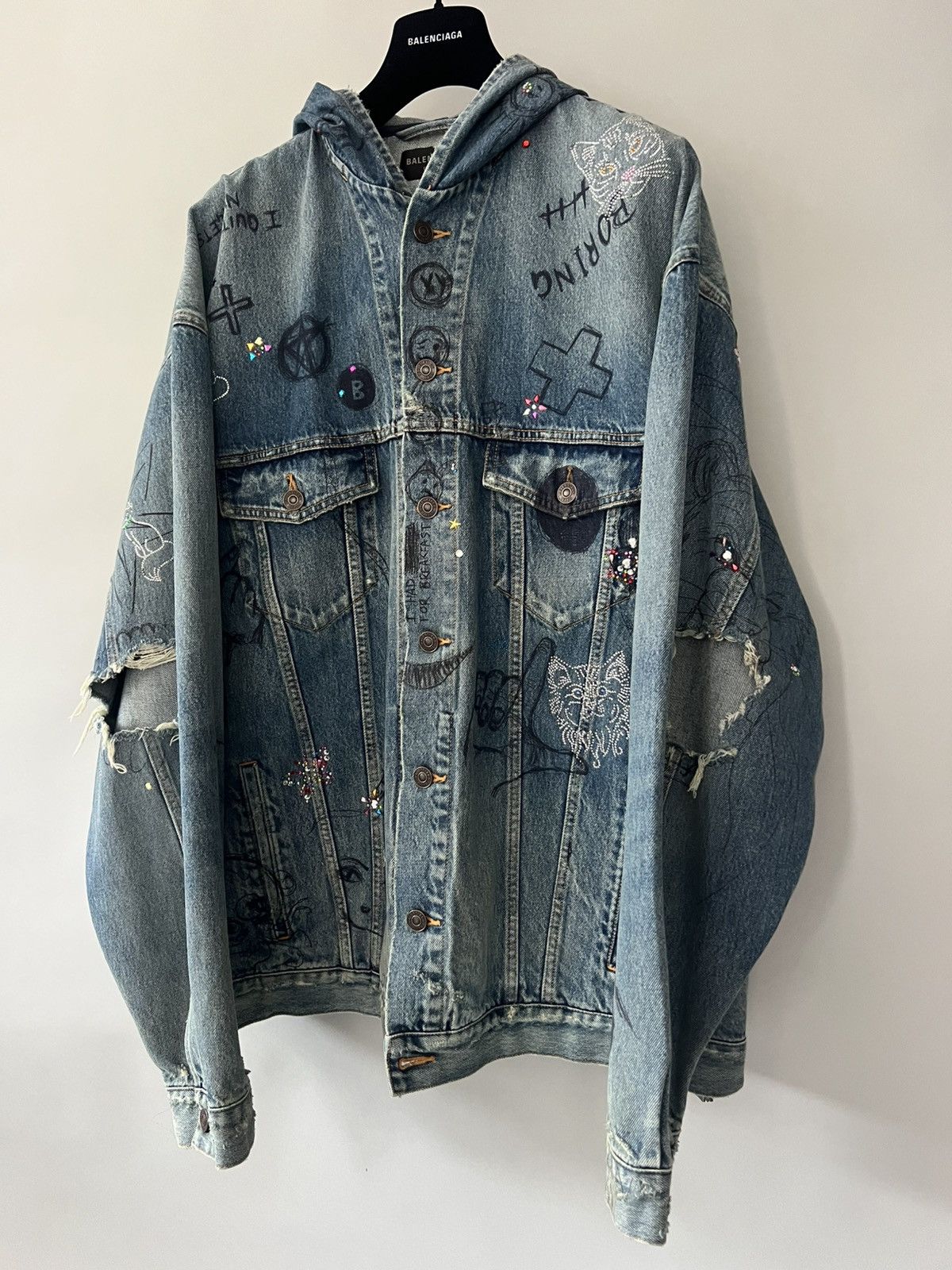 Balenciaga Rhinestones Scribble Hooded Denim Jacket Size US L / EU 52-54 / 3 - 2 Thumbnail