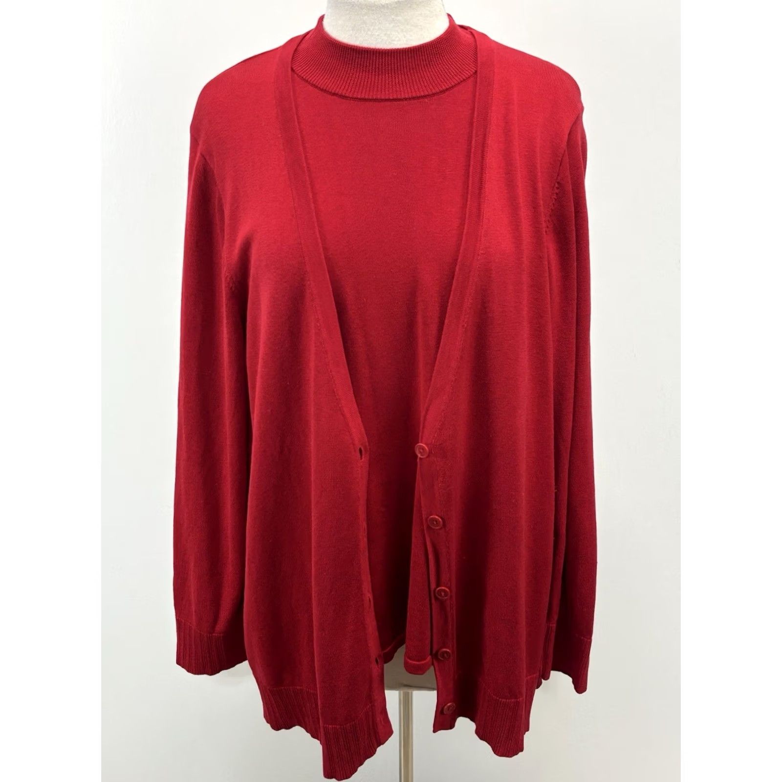 Coldwater Creek Coldwater Creek Cardigan Sweater Twin Set Women’s 2X Plus Red Silk Blend Knit Mock Neck Long Sleeve Solid Vintage: No 2 Pc Set Womens Size XXL / US 16-18 / IT 52-54 - 2 Thumbnail