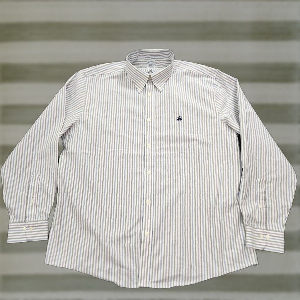 Brooks Brothers Shirt Mens XL White Blue Stripe Button Down Oxford Dress OXBD