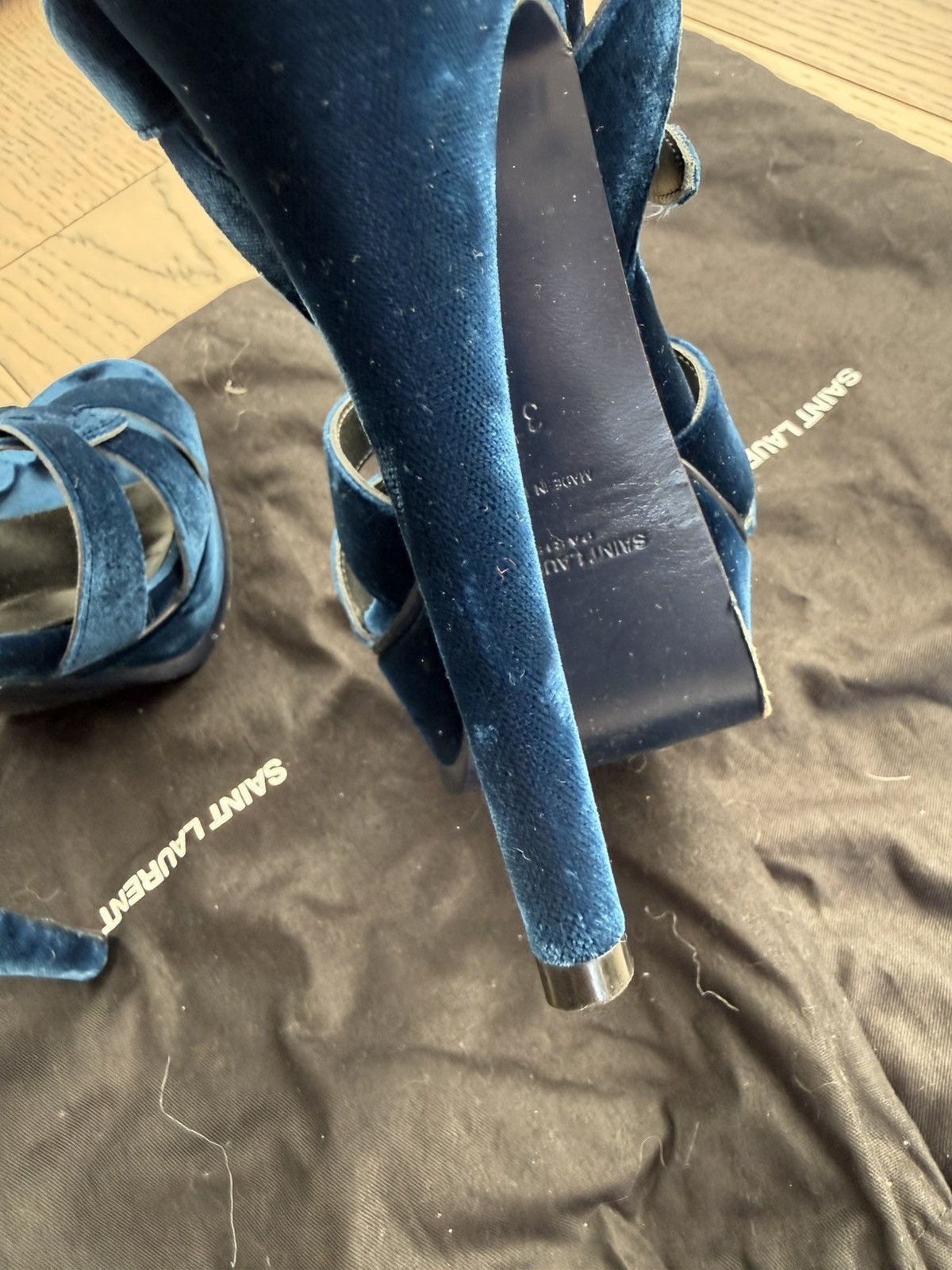 Saint Laurent Paris Saint Laurent Tribute Velvet Navy Blue Platform Size US 7 / IT 37 - 4 Thumbnail