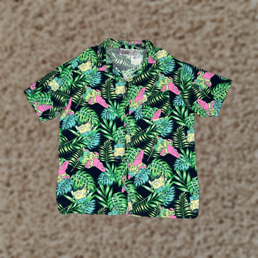 Vintage Spongebob Squarepants Shirt Men Extra Large Green Floral Hawaiian Rayon Size US XL / EU 56 / 4 - 1 Thumbnail
