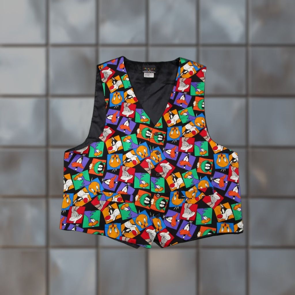 Vintage Vintage Looney Tunes Men's Large Black Silk Button-Up Vest Cartoon Bugs Bunny Tweety Bird Retro 80s 90s Size US L / EU 52-54 / 3 - 1 Thumbnail