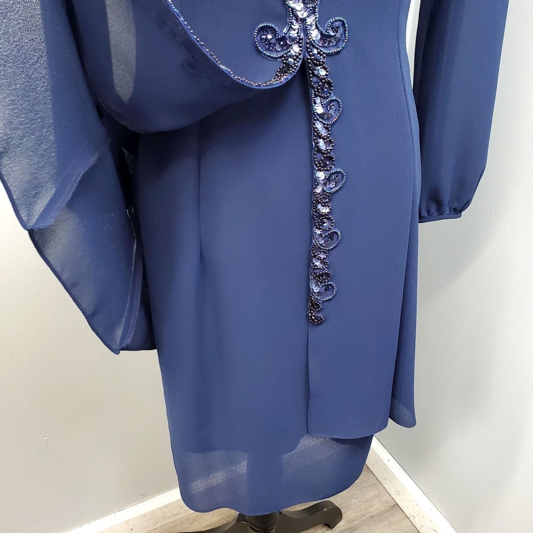 Vintage Ursula Dress Womens 6P Navy Beaded Embellished Shoulder Pads Back Zip Midi Dress Size M / US 6-8 / IT 42-44 - 7 Thumbnail
