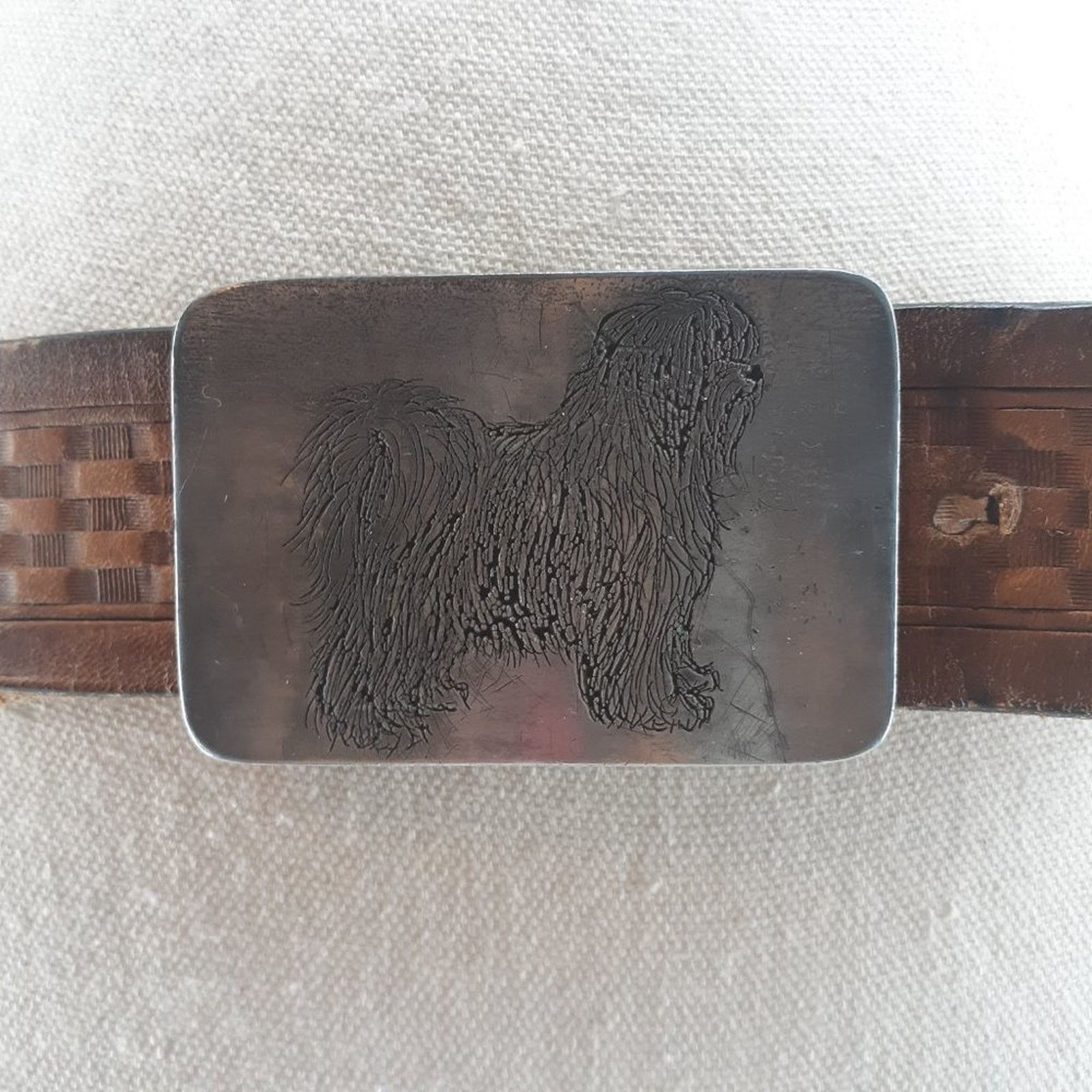 Other Men's Tooled Brown Leather Belt Basket Weave Shaggy Dog 34 Size 34 - 13 Thumbnail