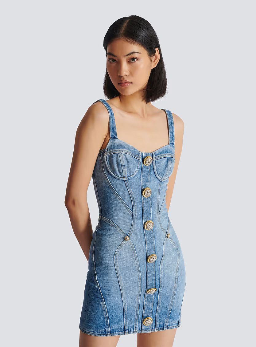 Balmain o1s1wg110725 Buttoned Short Denim Dress in Blue Size L / US 10 / IT 46 - 7 Thumbnail