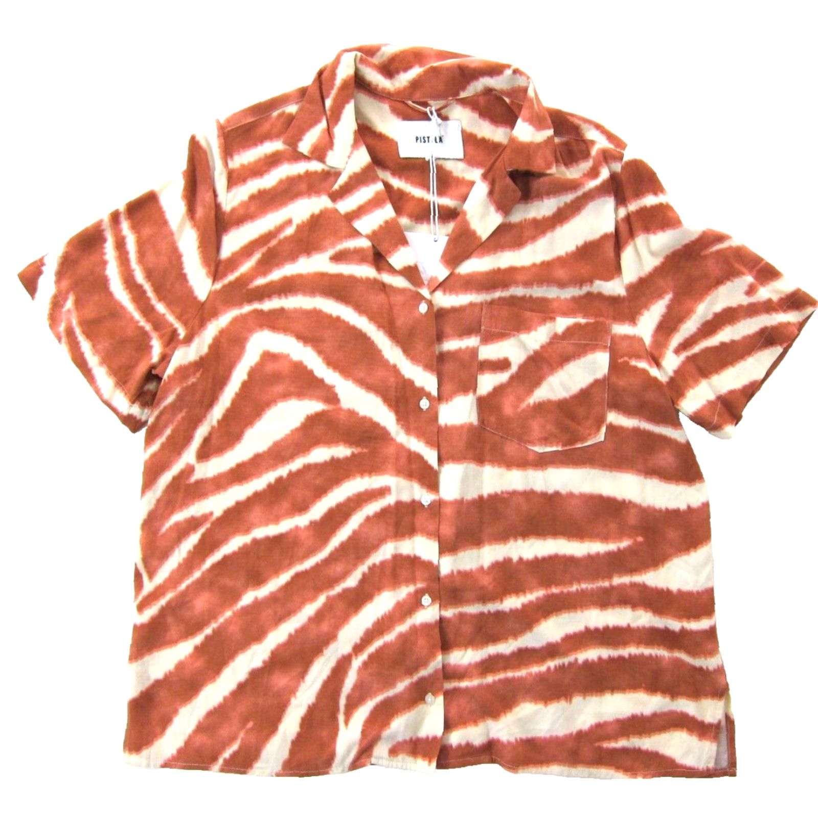 Pistola NWT Pistola Blouse Shirt Women Large Brown Ivory Safari Dream Button Short Sleeve Rayon Size L / US 10 / IT 46 - 2 Thumbnail