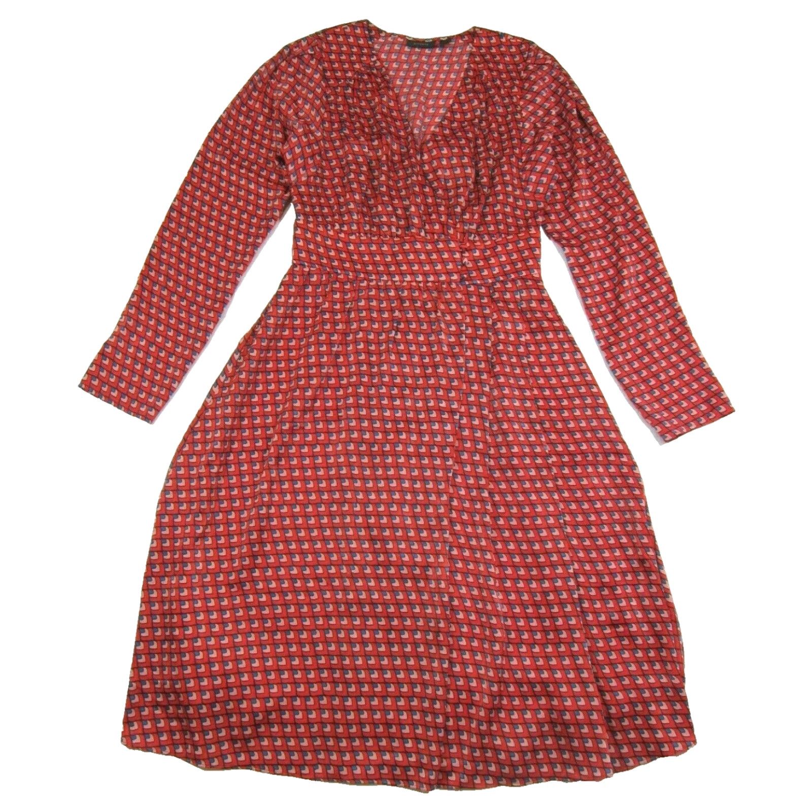 Vintage Halogen Red Blue Pink Silky Geometric Long Sleeve V-Neck Long Dress Women 6 Size M / US 6-8 / IT 42-44 - 2 Thumbnail