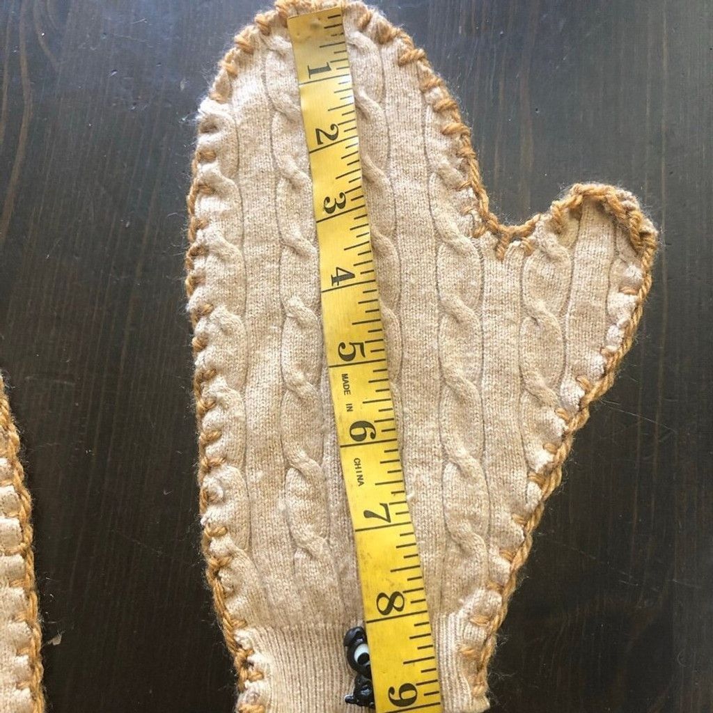 Vintage Cable Knit Wool Mittens 3D Puppy Appliqué Embroidery Beige L Size ONE SIZE - 7 Thumbnail