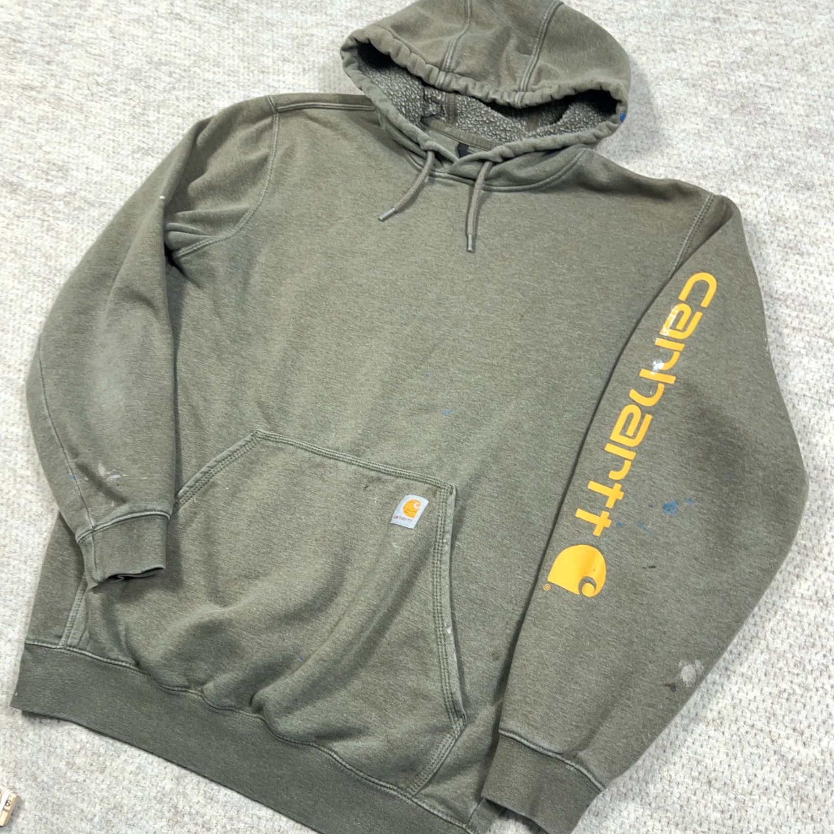 Carhartt Carhartt Hoodie Men Medium Olive Green Loose Fit Sleeve Spellout Sweatshirt Worn Size US M / EU 48-50 / 2 - 4 Thumbnail