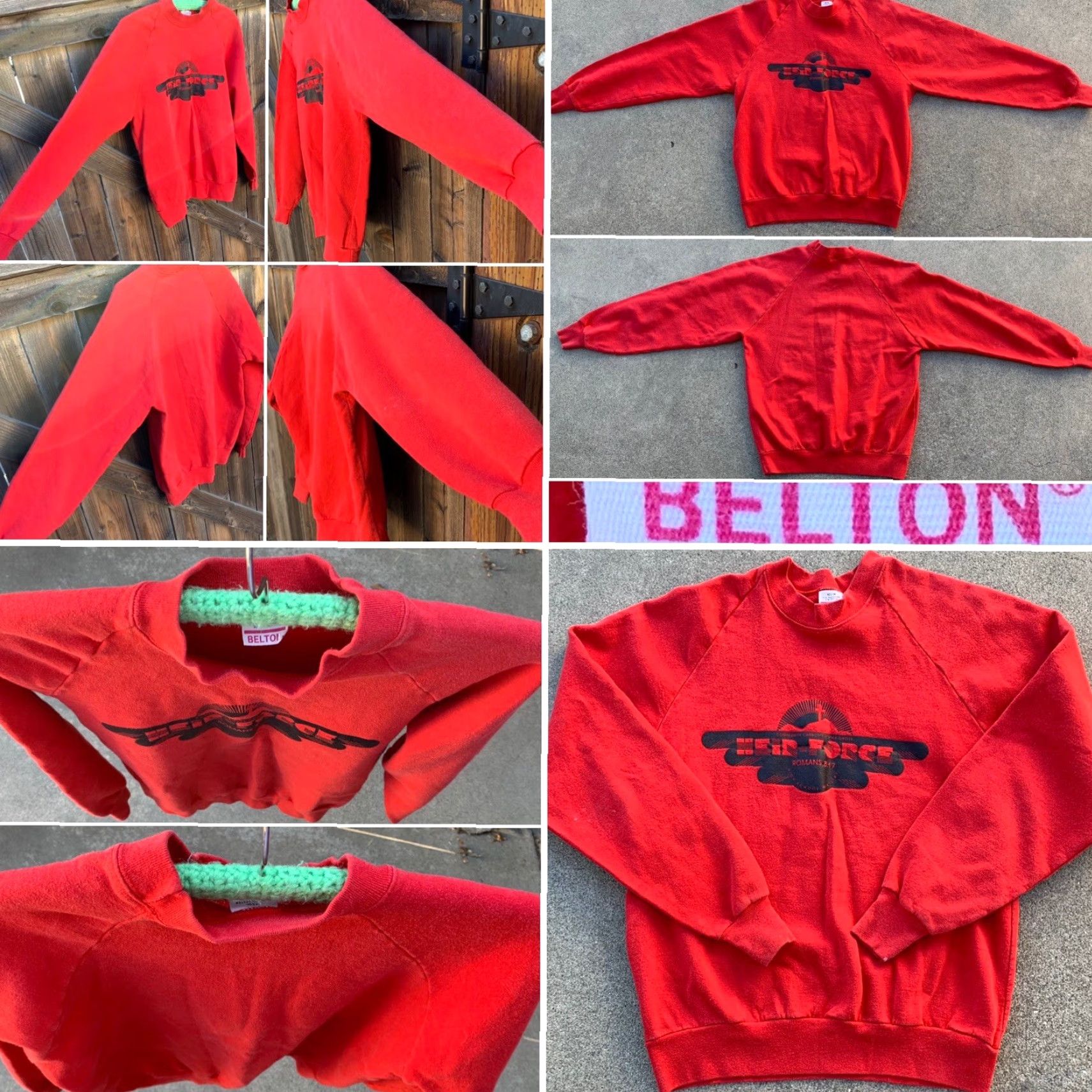 Vintage Belton Red Raglan Sweatshirt Men L Graphic Print Christian Heir Force Romans 8:17 Vintage 70s 80s USA Shirt Pullover Crew Neck Size US L / EU 52-54 / 3 - 3 Thumbnail
