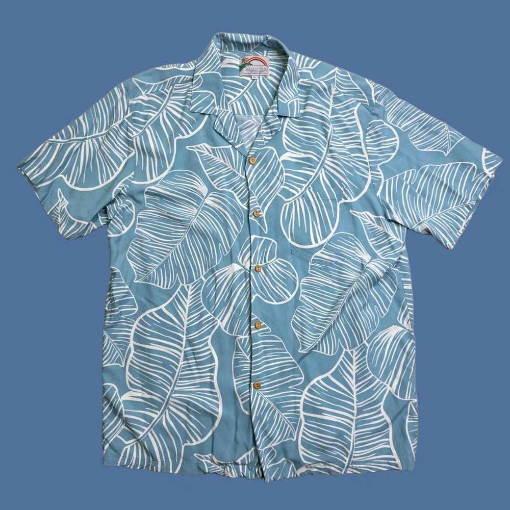 Paradise Found Paradise Found Mens Hawaiian Shirt Large Blue White Taro Leaf Rayon Aloha Size US L / EU 52-54 / 3 - 1 Thumbnail