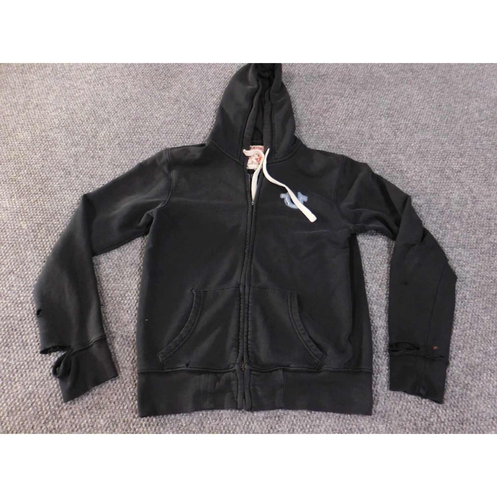 True Religion VINTAGE True Religion Hoodie Sweatshirt Mens S Black Full Zip Back Denim Patch Graphic Print Logo Zipper Kangaroo Pockets Size US S / EU 44-46 / 1 - 2 Thumbnail