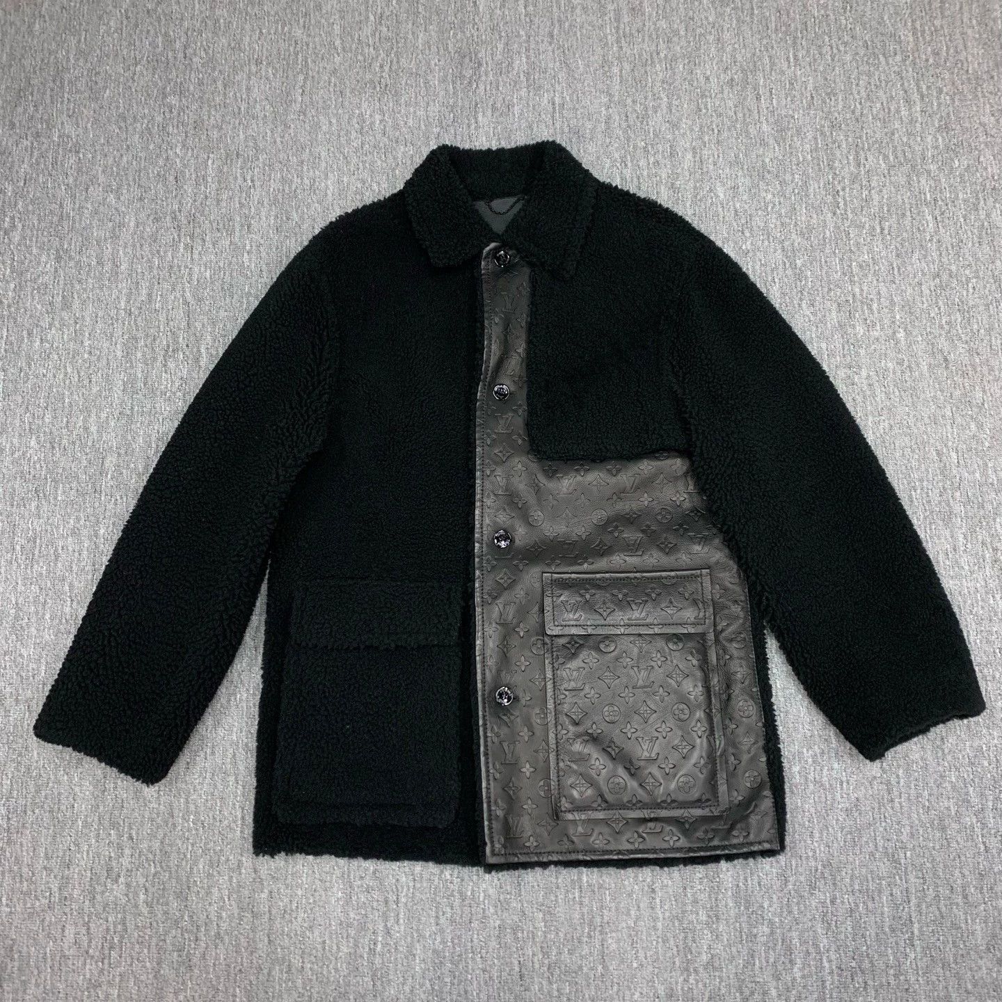 LV Black Monogram All-over Print Fur Coat