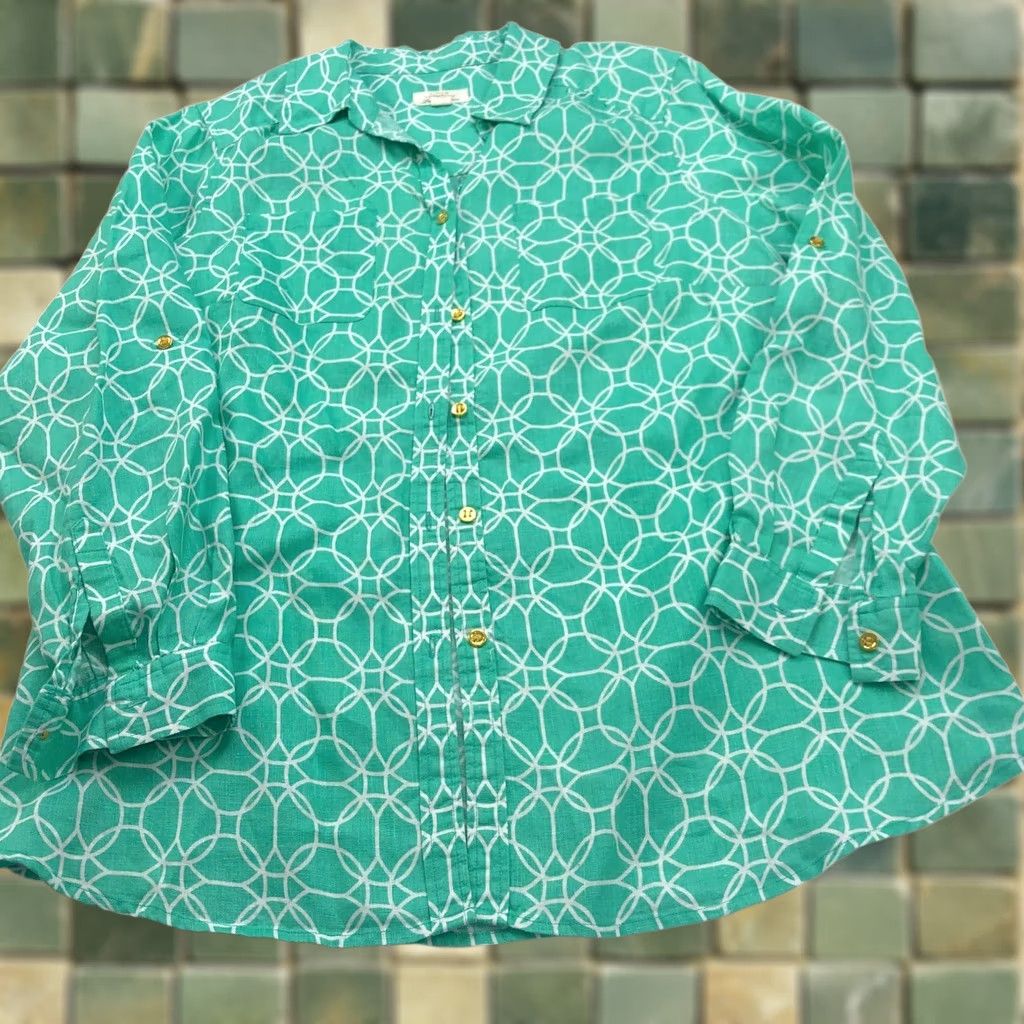 Charter Club Charter Club Green Linen Shirt Luxury Long Sleeve Gold Button 1X Size XL / US 12-14 / IT 48-50 - 1 Thumbnail