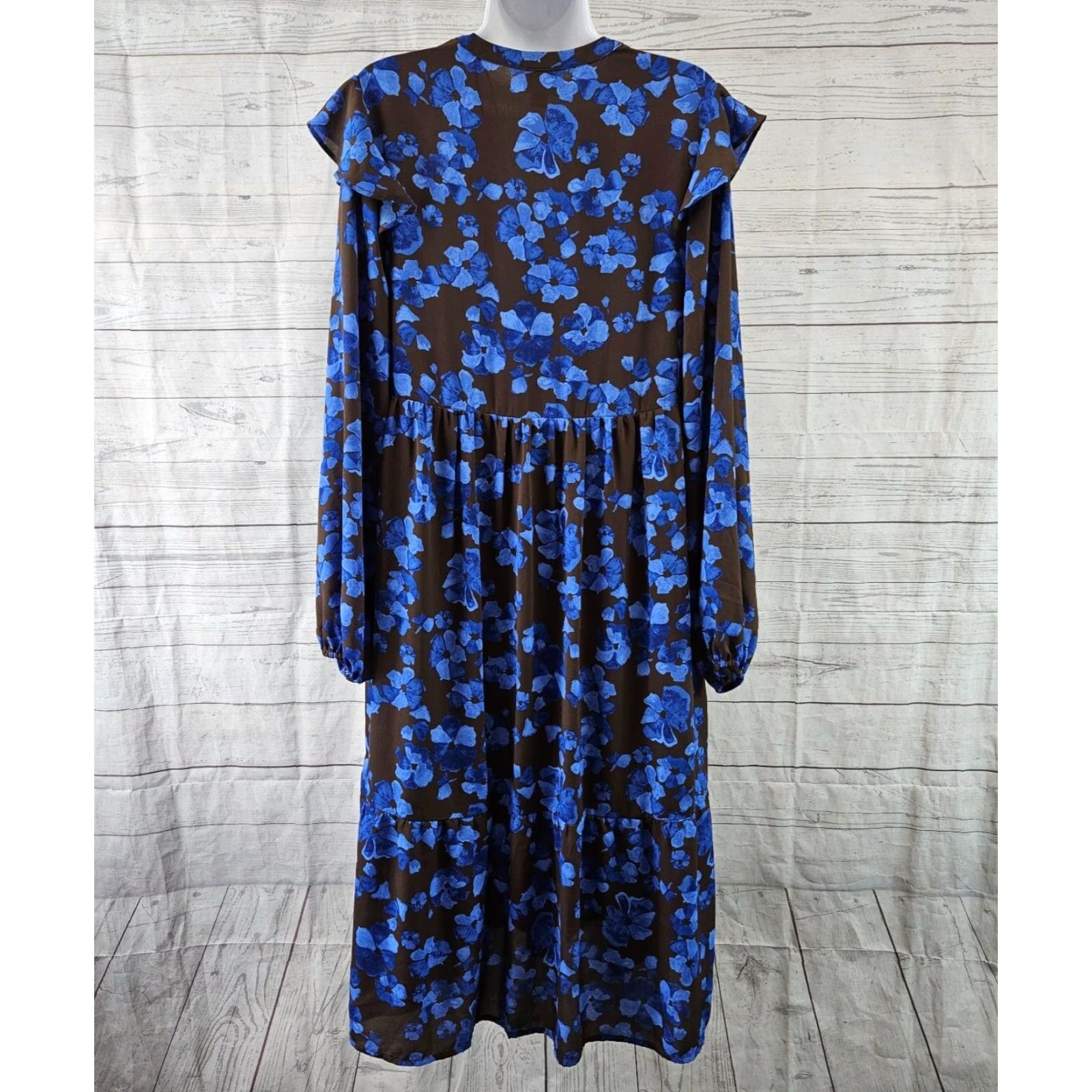 Vintage A New Day Womens Midi Dress Sz Medium Blue Brown Floral Long Sleeve Ruffle Size M / US 6-8 / IT 42-44 - 4 Thumbnail