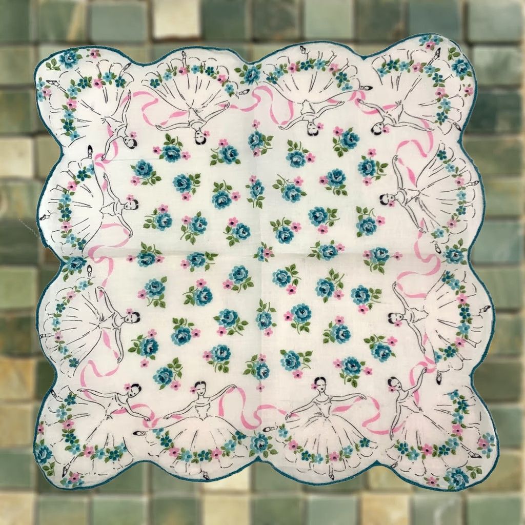 Vintage VINTAGE Handkerchief Ballerina Floral Scalloped White Teal Pink Fabric 12 x 12 Women Size ONE SIZE - 1 Thumbnail