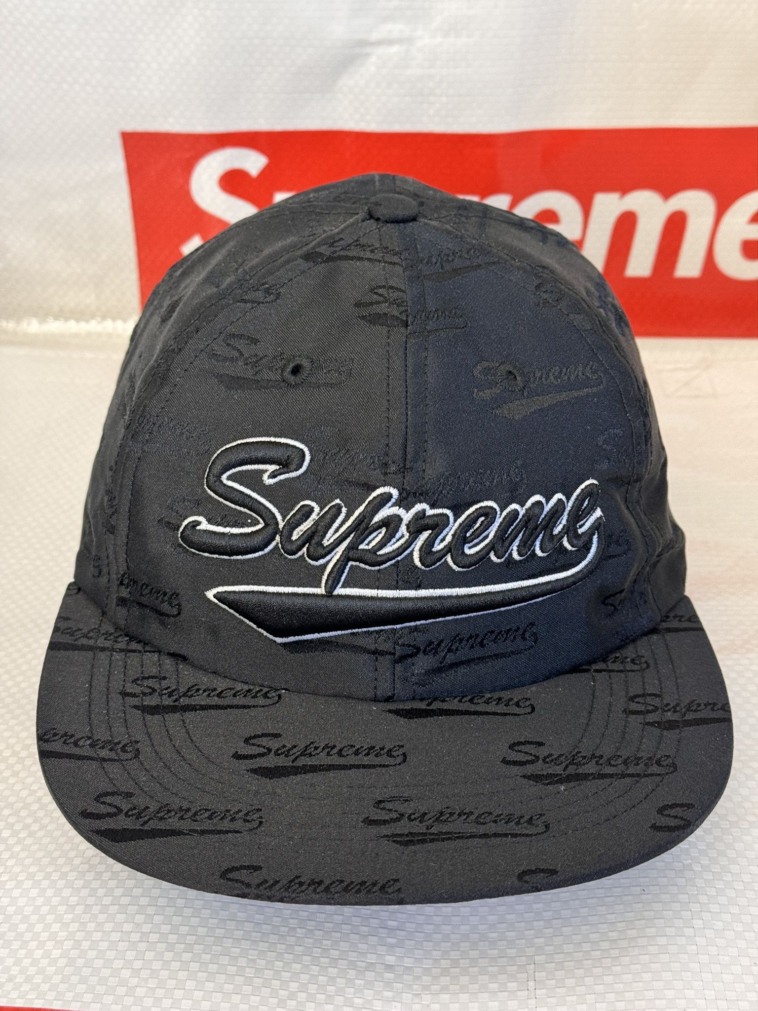 Supreme Distressed Script 6-Panel Supreme Jacquard Script 6