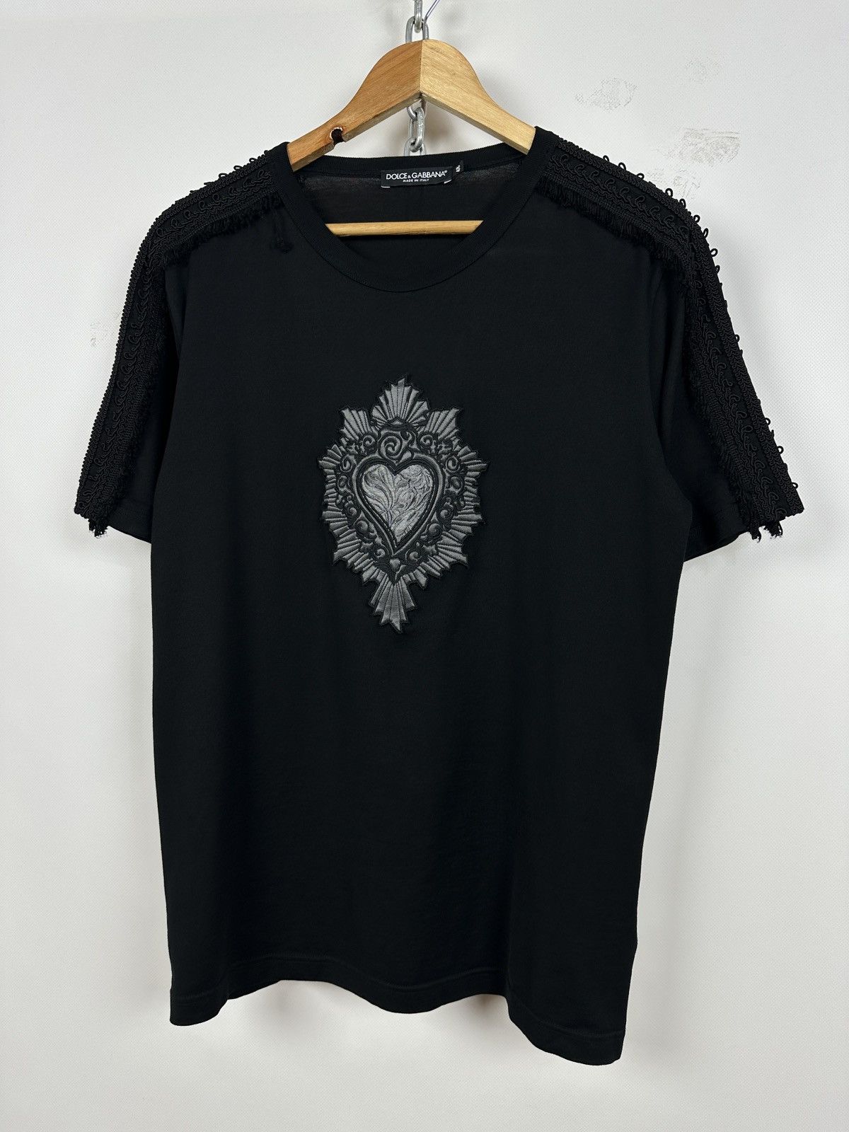 Dolce & Gabbana Dolce & Gabbana Black Sacred Heart Fringe Trim T-Shirt Size US M / EU 48-50 / 2 - 3 Thumbnail