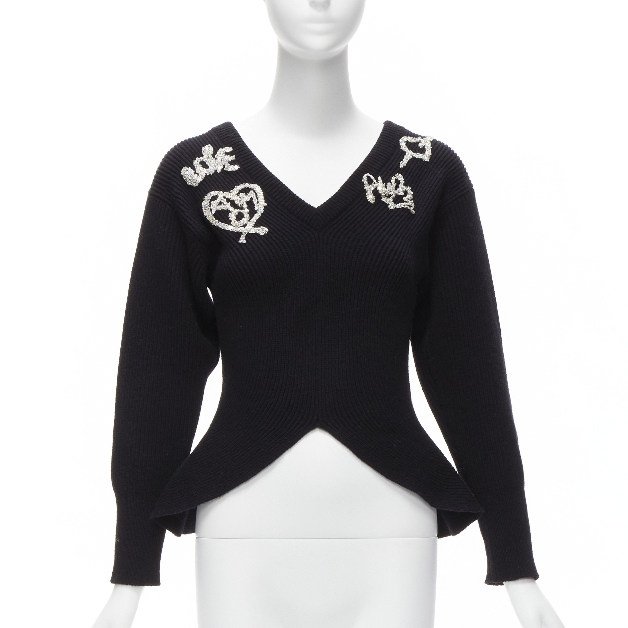 Alexander McQueen ALEXANDER MCQUEEN 2022 black logo beads embellished peplum ribbed sweater S Size S / US 4 / IT 40 - 1 Thumbnail